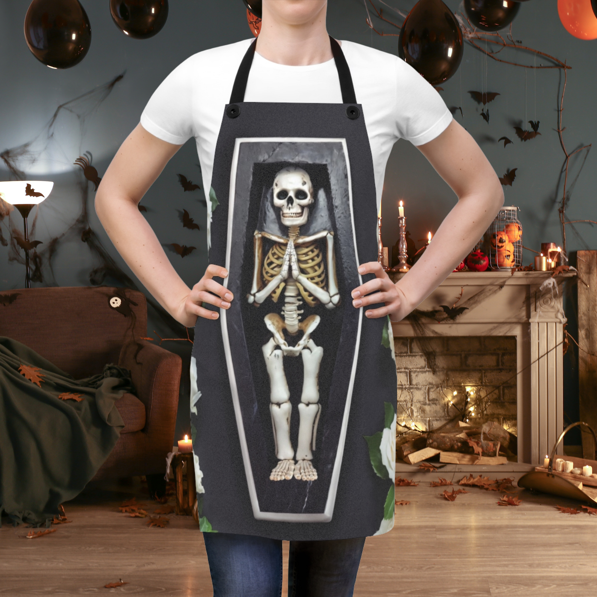 Skeleton in Coffin Apron | Funny Halloween Kitchen Gift | Gothic Cooking Apron for Men And Women | Spooky Skeleton Chef Costume product thumbnail image Skeleton in Coffin Apron | Funny Halloween Kitchen Gift | Gothic Cooking Apron for Men And Women | Spooky Skeleton Chef Costume product thumbnail image