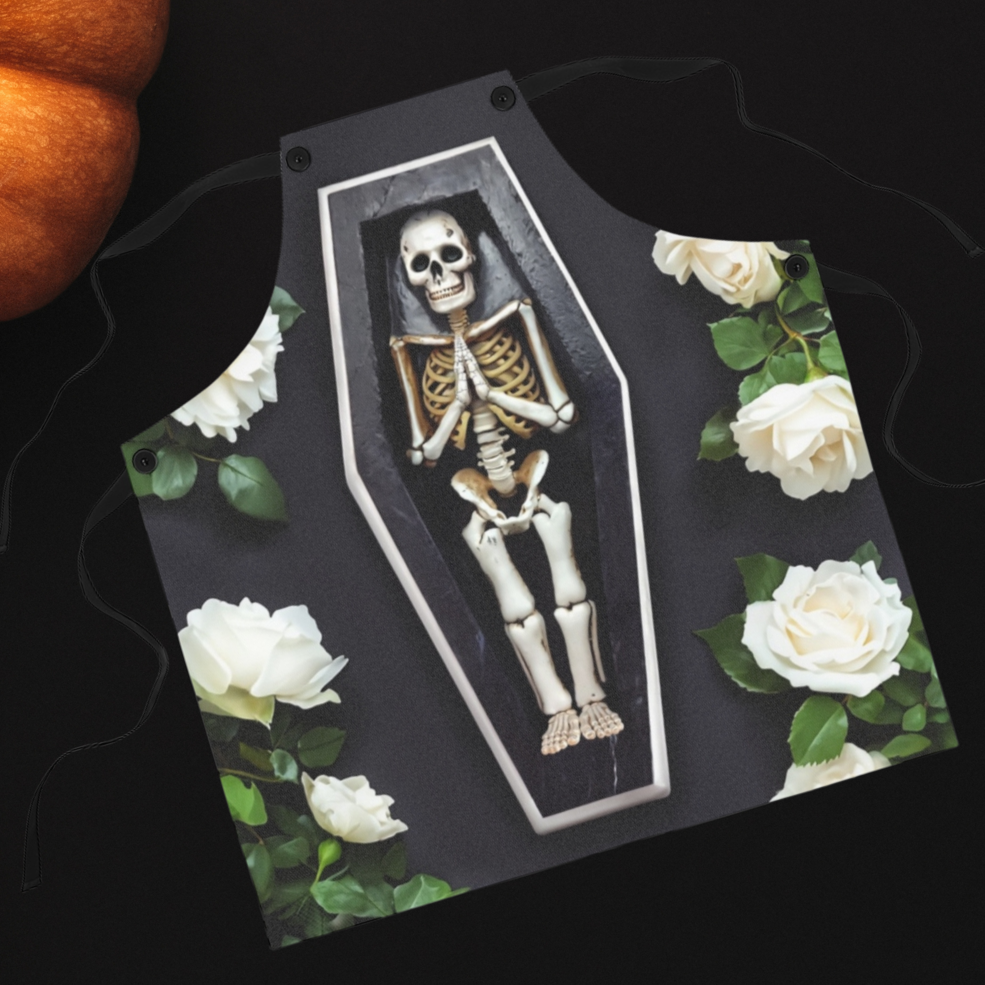 Skeleton in Coffin Apron | Funny Halloween Kitchen Gift | Gothic Cooking Apron for Men And Women | Spooky Skeleton Chef Costume product thumbnail image Skeleton in Coffin Apron | Funny Halloween Kitchen Gift | Gothic Cooking Apron for Men And Women | Spooky Skeleton Chef Costume product thumbnail image