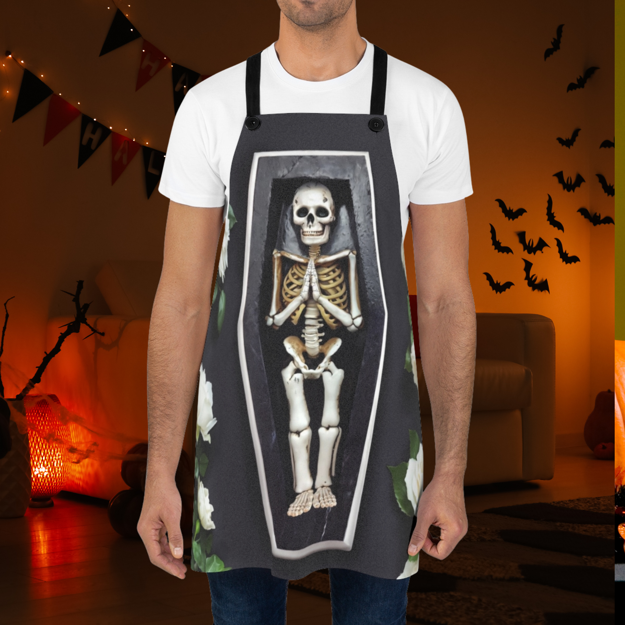 Skeleton in Coffin Apron | Funny Halloween Kitchen Gift | Gothic Cooking Apron for Men And Women | Spooky Skeleton Chef Costume product thumbnail image Skeleton in Coffin Apron | Funny Halloween Kitchen Gift | Gothic Cooking Apron for Men And Women | Spooky Skeleton Chef Costume product thumbnail image