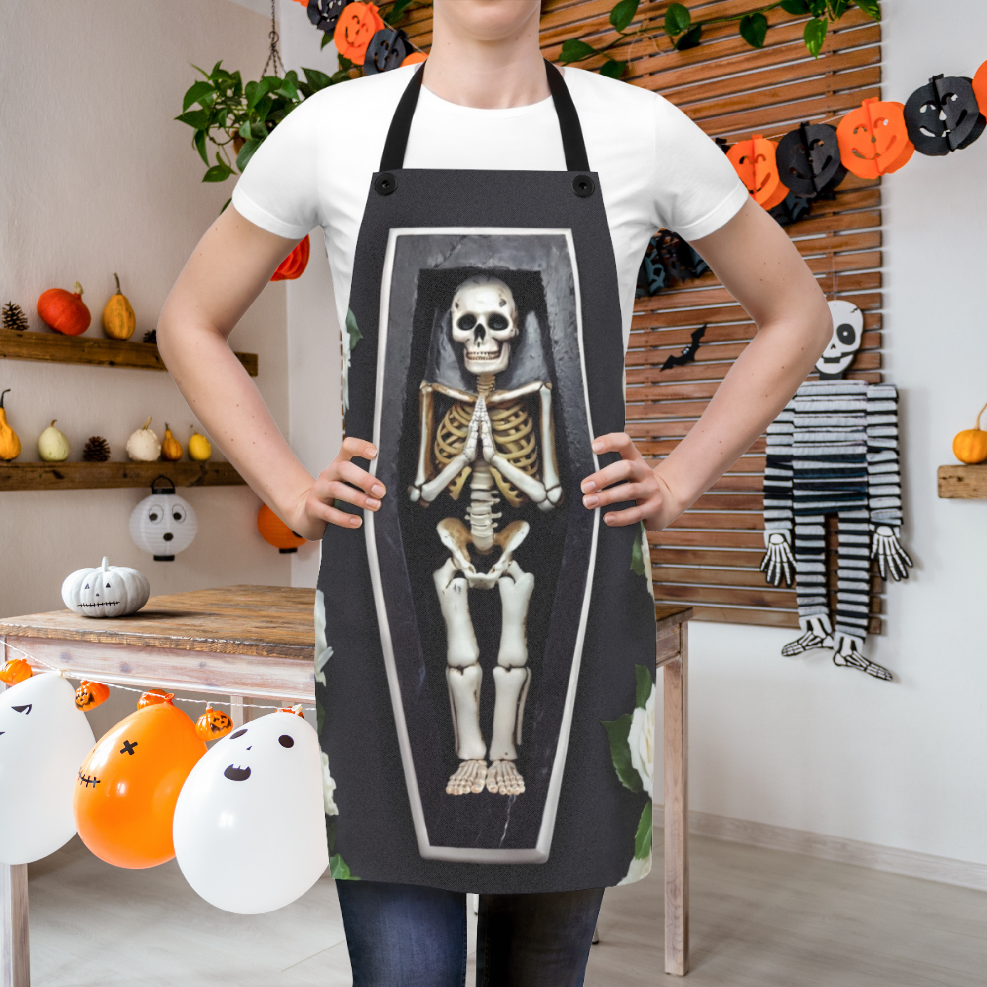 Skeleton in Coffin Apron | Funny Halloween Kitchen Gift | Gothic Cooking Apron for Men And Women | Spooky Skeleton Chef Costume product thumbnail image Skeleton in Coffin Apron | Funny Halloween Kitchen Gift | Gothic Cooking Apron for Men And Women | Spooky Skeleton Chef Costume product thumbnail image