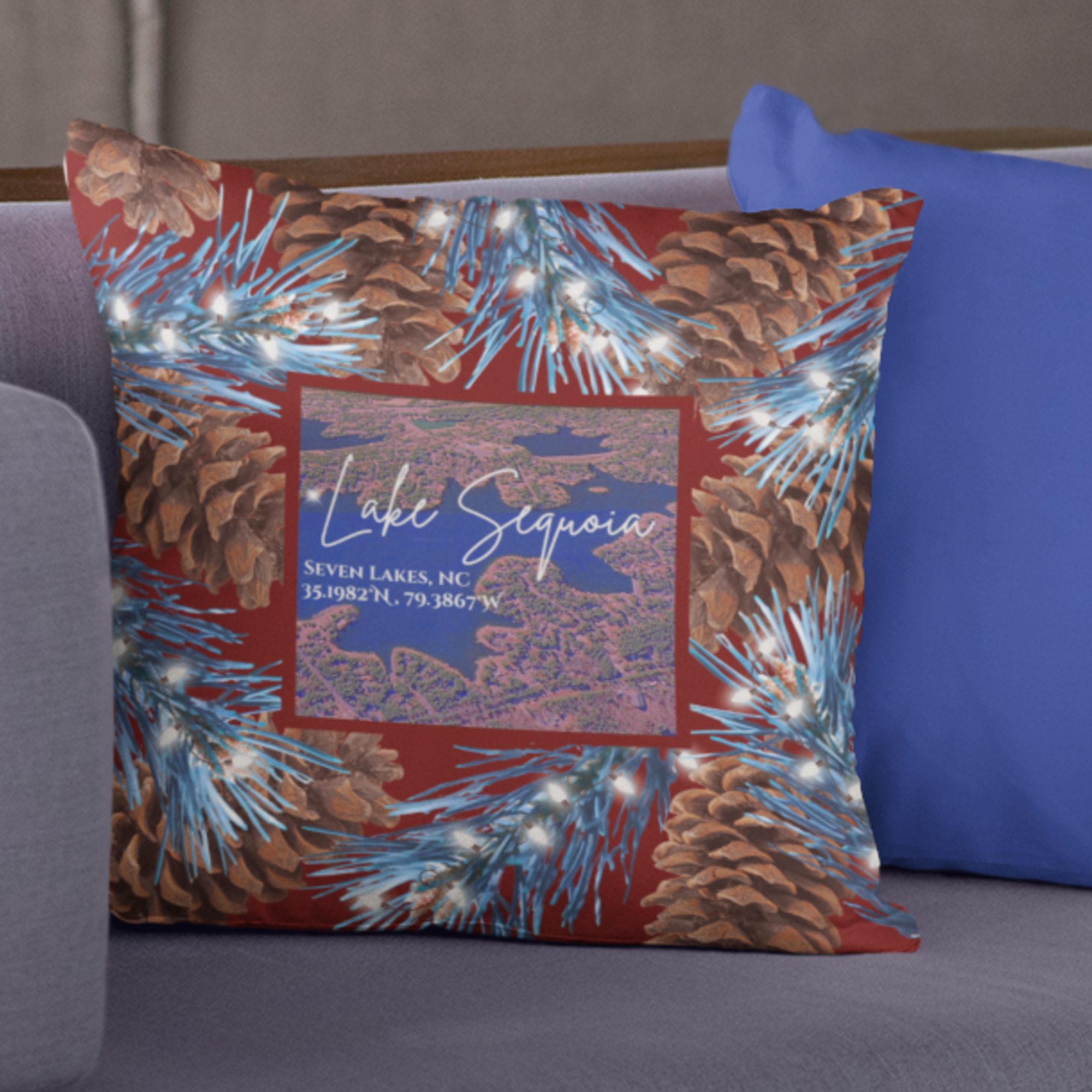 Lake Sequoia Christmas Pillow, with option to personalize GPS coordinates. product thumbnail image Lake Sequoia Christmas Pillow, with option to personalize GPS coordinates. product thumbnail image