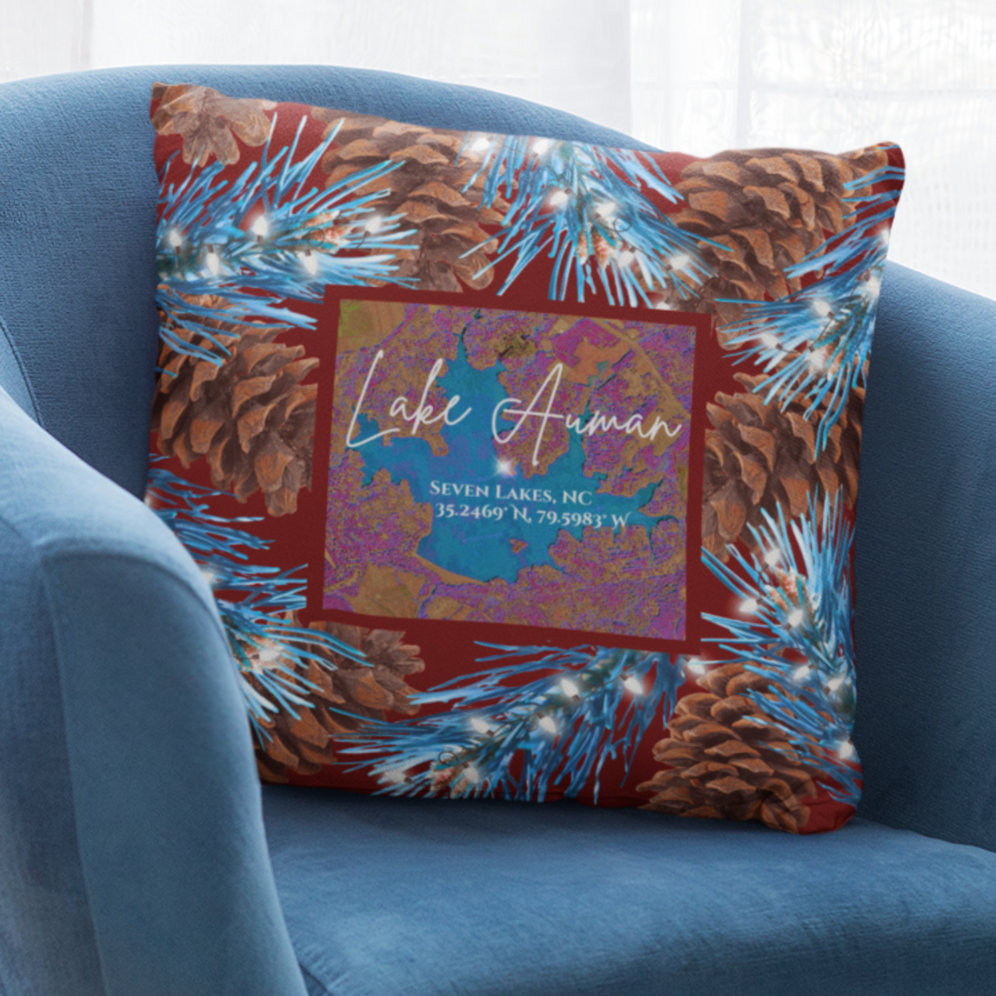 Lake Auman Christmas Pillow, with option to personalize GPS coordinates. product thumbnail image Lake Auman Christmas Pillow, with option to personalize GPS coordinates. product thumbnail image