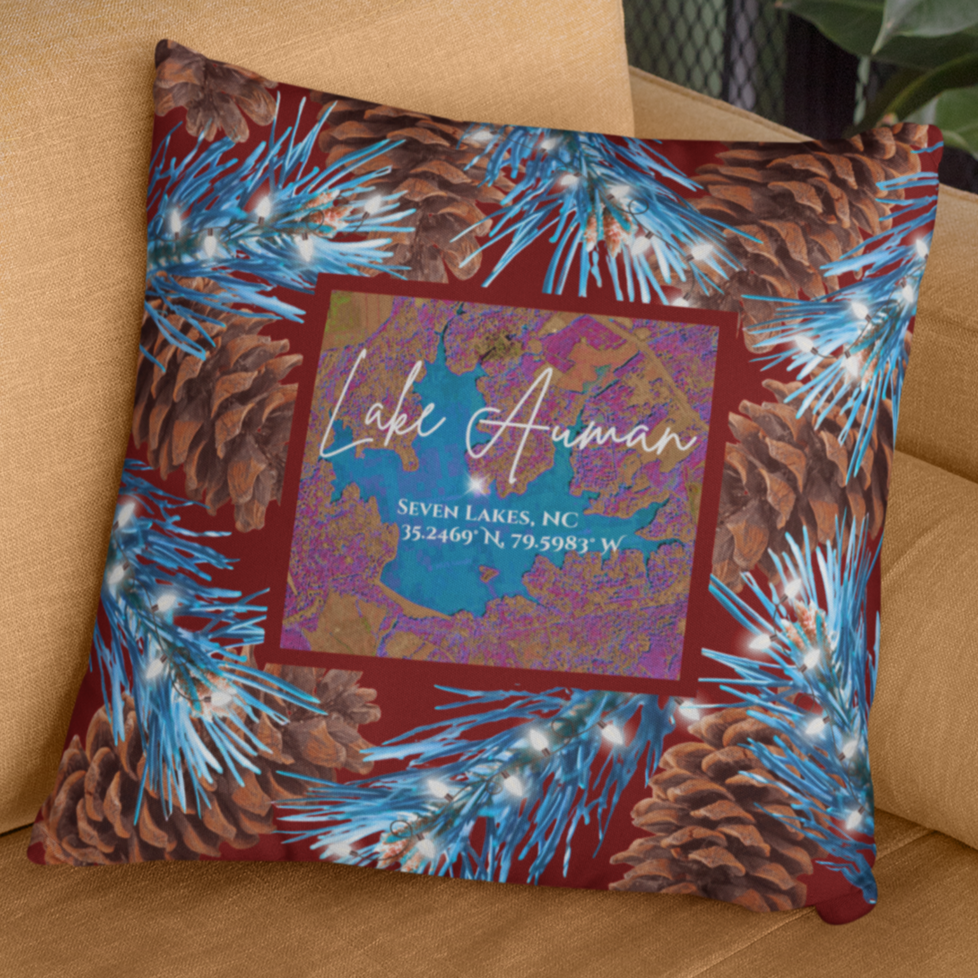 Lake Auman Christmas Pillow, with option to personalize GPS coordinates. product thumbnail image Lake Auman Christmas Pillow, with option to personalize GPS coordinates. product thumbnail image