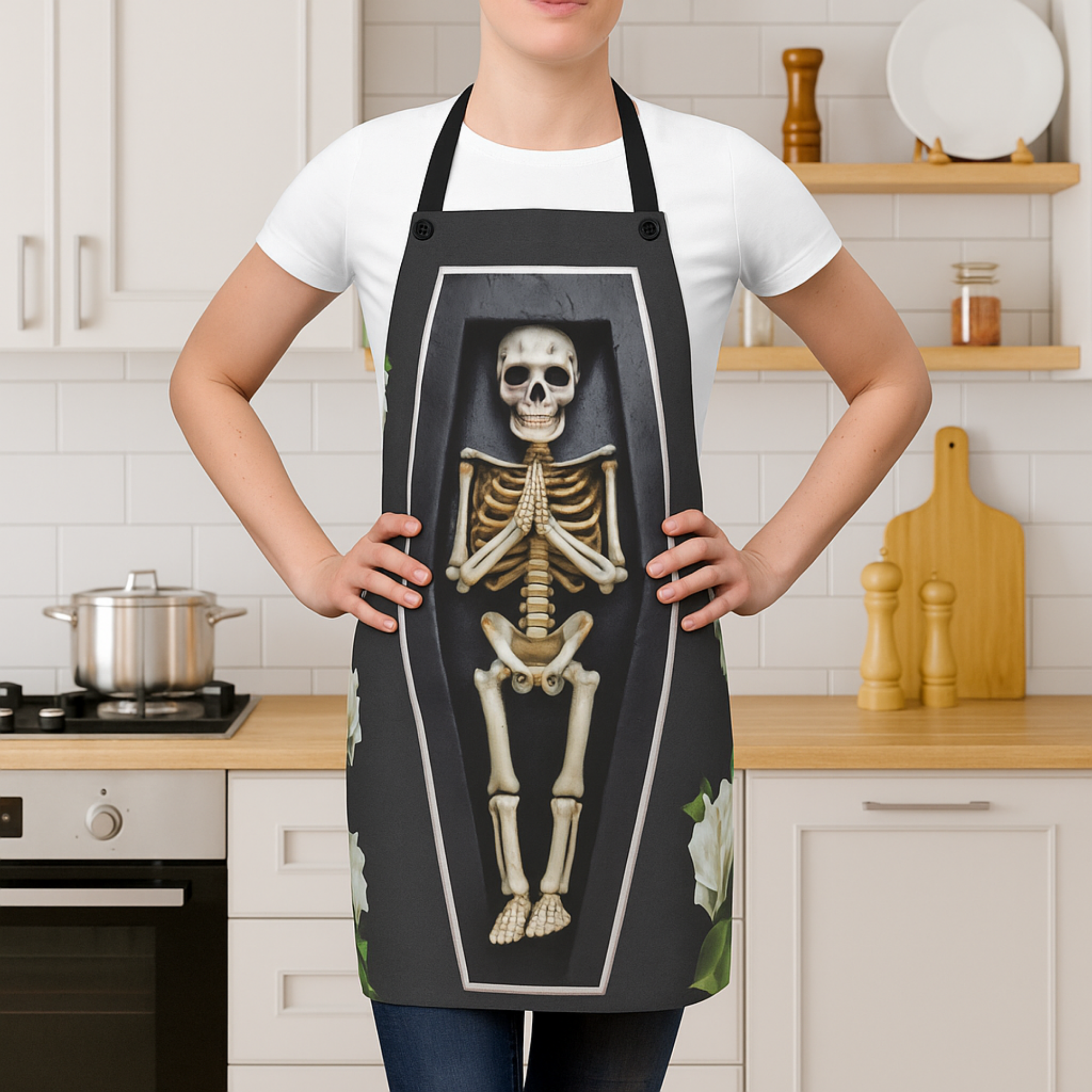 Skeleton in Coffin Apron | Funny Halloween Kitchen Gift | Gothic Cooking Apron for Men And Women | Spooky Skeleton Chef Costume product thumbnail image Skeleton in Coffin Apron | Funny Halloween Kitchen Gift | Gothic Cooking Apron for Men And Women | Spooky Skeleton Chef Costume product thumbnail image