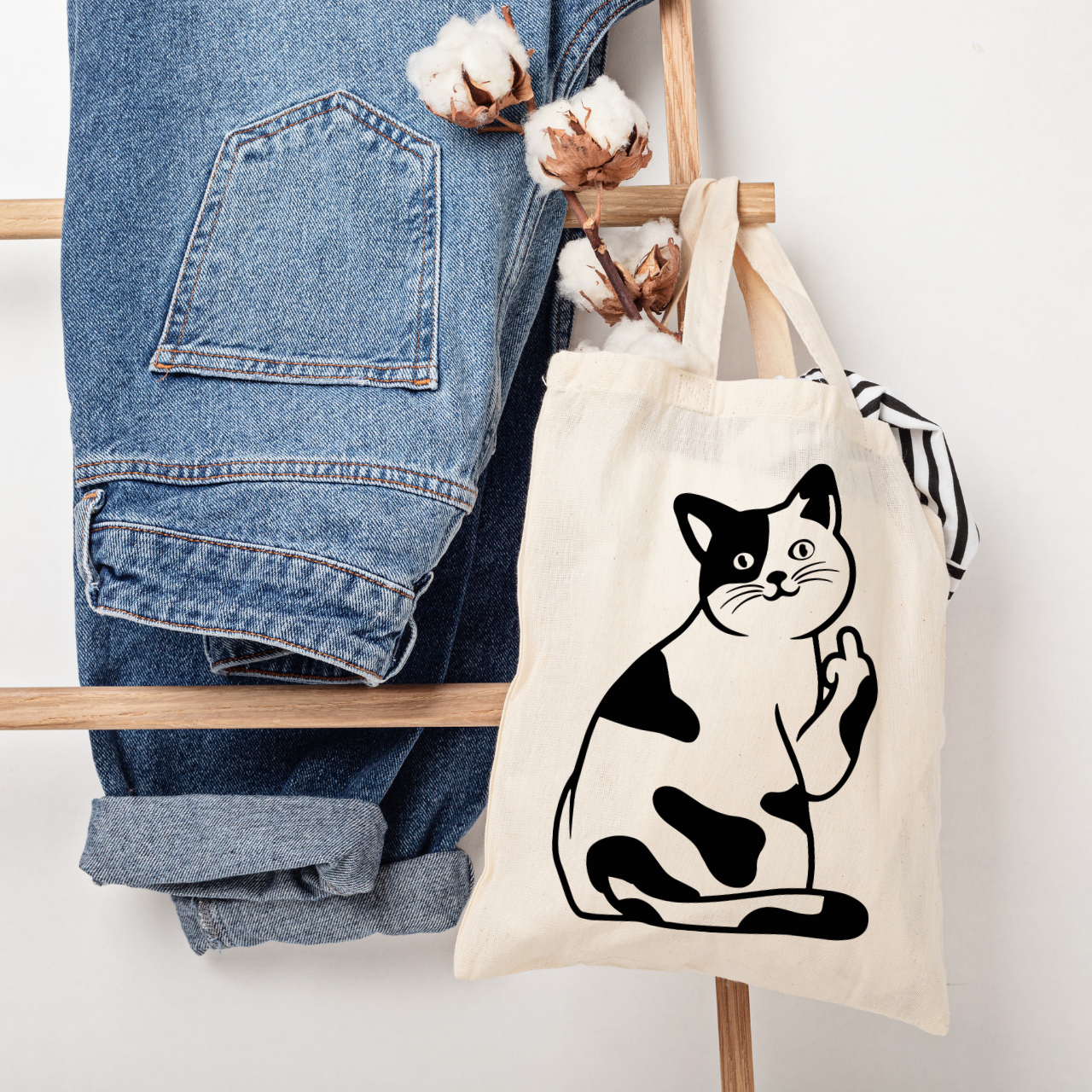 Rude Kitty Canvas Tote Bag - Cheeky Middle Finger Cat Tote by Sharp Tongue Studio