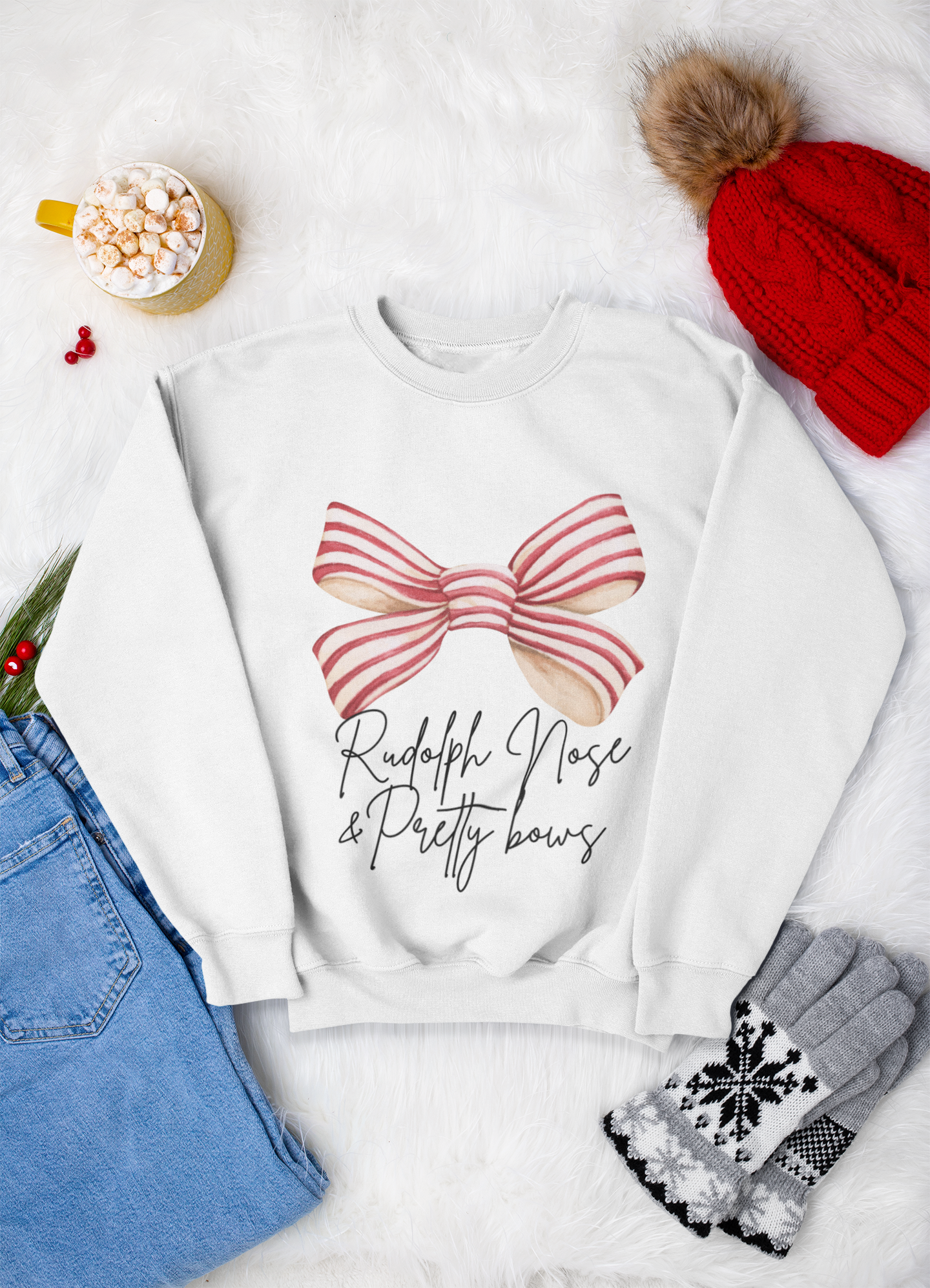 Rudolph Nose & Pretty Bows Sweatshirt, Holiday Crewneck, Christmas Apparel, Festive Gift, Winter Fashion, Cozy Sweatshirt product thumbnail image Rudolph Nose & Pretty Bows Sweatshirt, Holiday Crewneck, Christmas Apparel, Festive Gift, Winter Fashion, Cozy Sweatshirt product thumbnail image