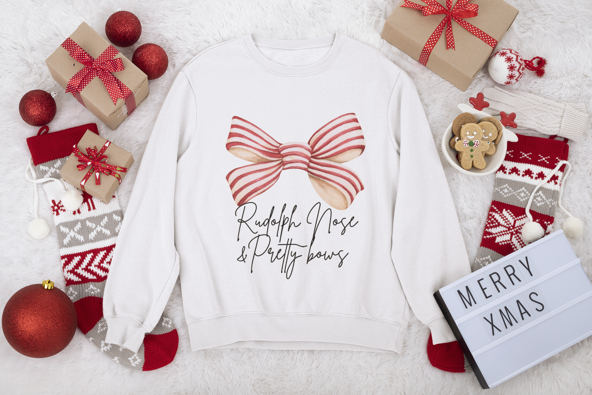 Rudolph Nose &amp; Pretty Bows Sweatshirt, Holiday Crewneck, Christmas Apparel, Festive Gift, Winter Fashion, Cozy Sweatshirt
