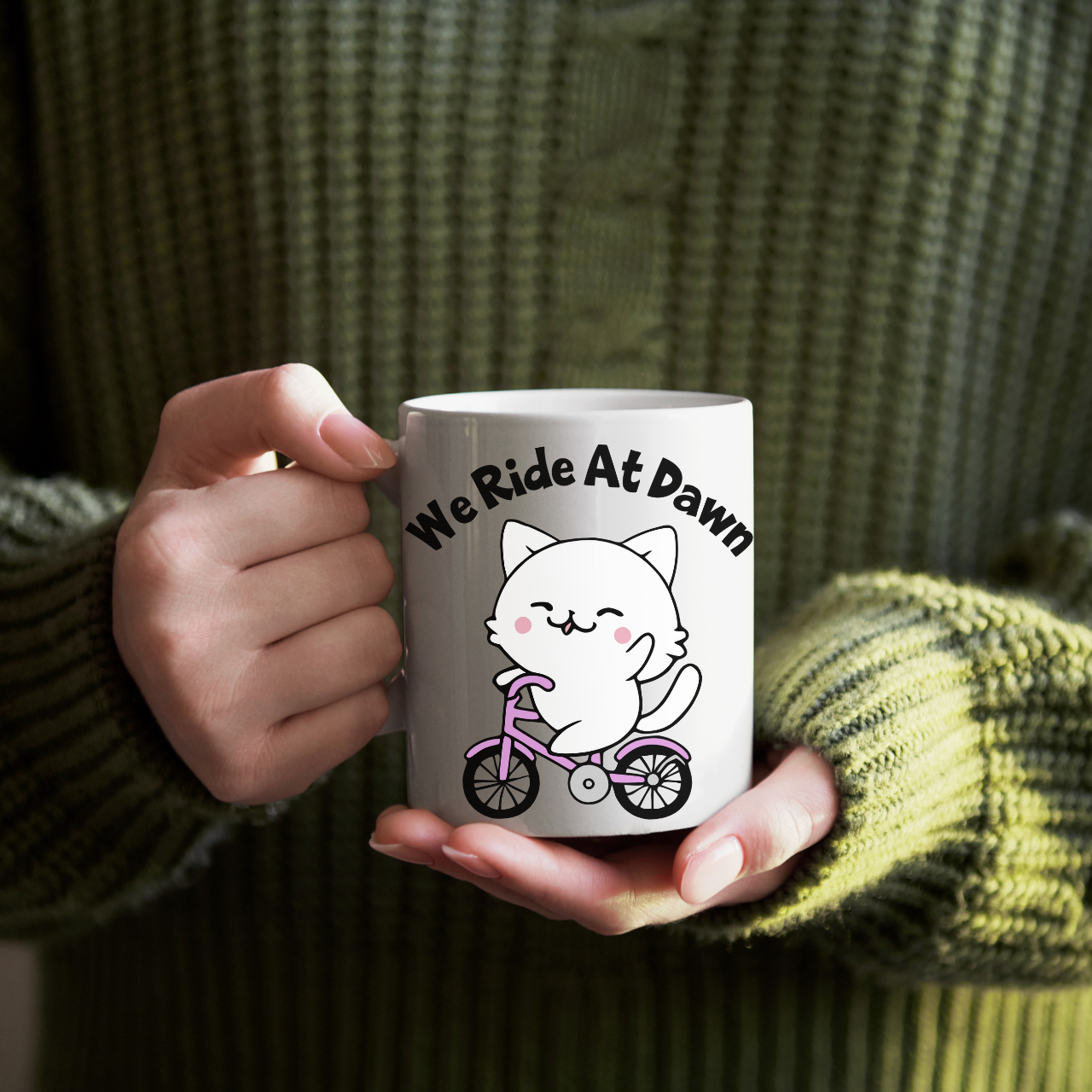 We Ride At Dawn 11oz Mug - Cute Cat on Bike Mug by Sharp Tongue Studio