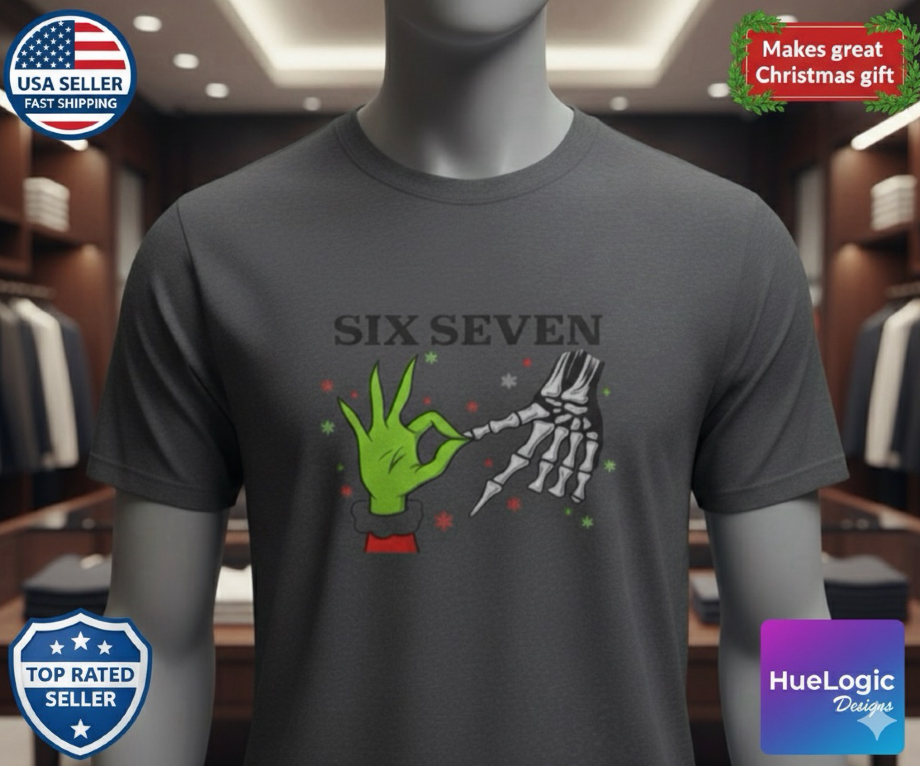Six Seven Funny Christmas Shirt Grinch Skeleton Hand Tee Holiday Humor T-Shirt for Men &amp; Women Unisex 67 Cotton Graphic Tee product thumbnail image