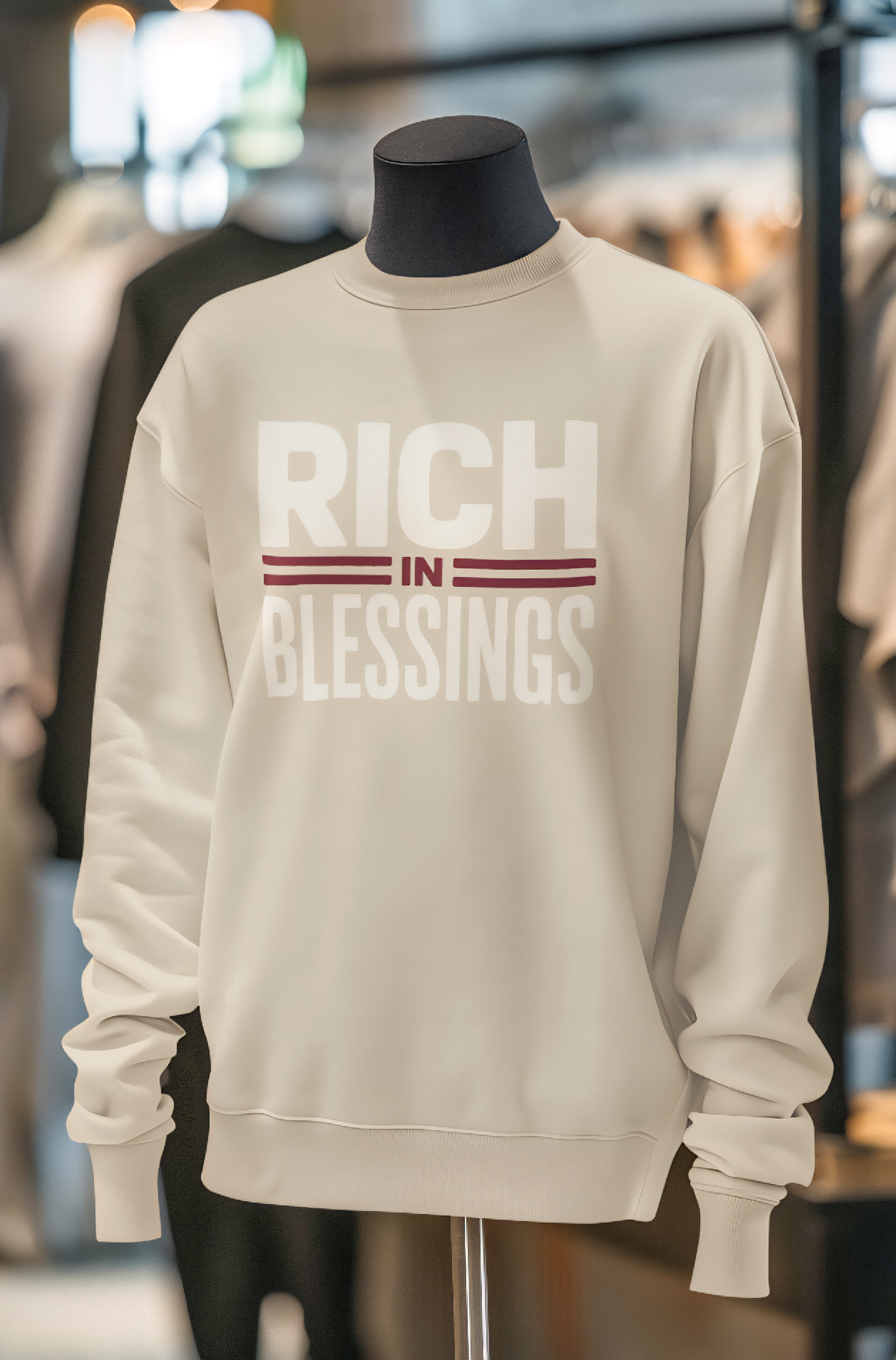 Unisex "RICH IN BLESSINGS" Desert Tan/Cream/Burgundy Sweatshirt product thumbnail image Unisex "RICH IN BLESSINGS" Desert Tan/Cream/Burgundy Sweatshirt product thumbnail image