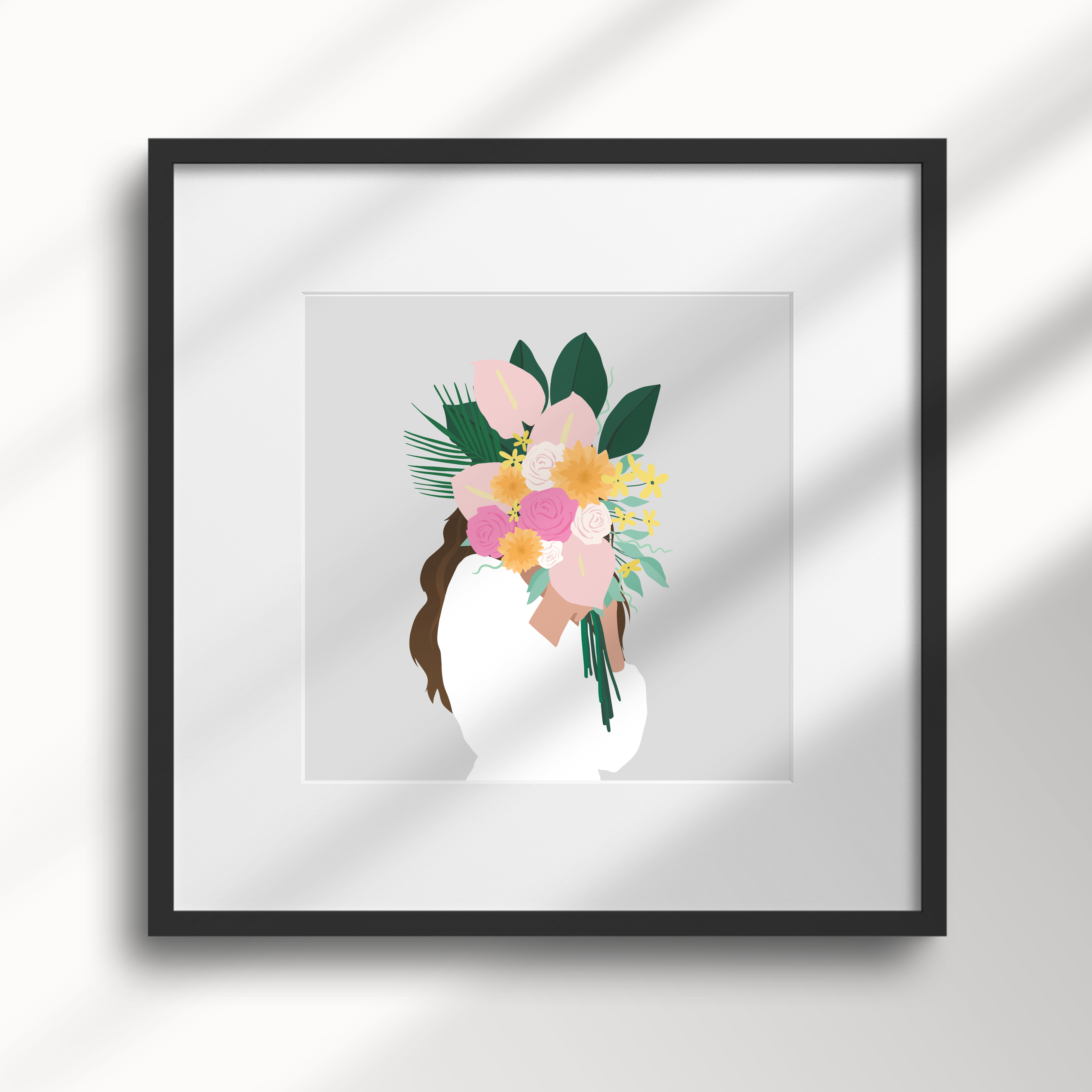 Girl Carrying Floral Bouquet Illustration, Tropical flowers product thumbnail image Girl Carrying Floral Bouquet Illustration, Tropical flowers product thumbnail image