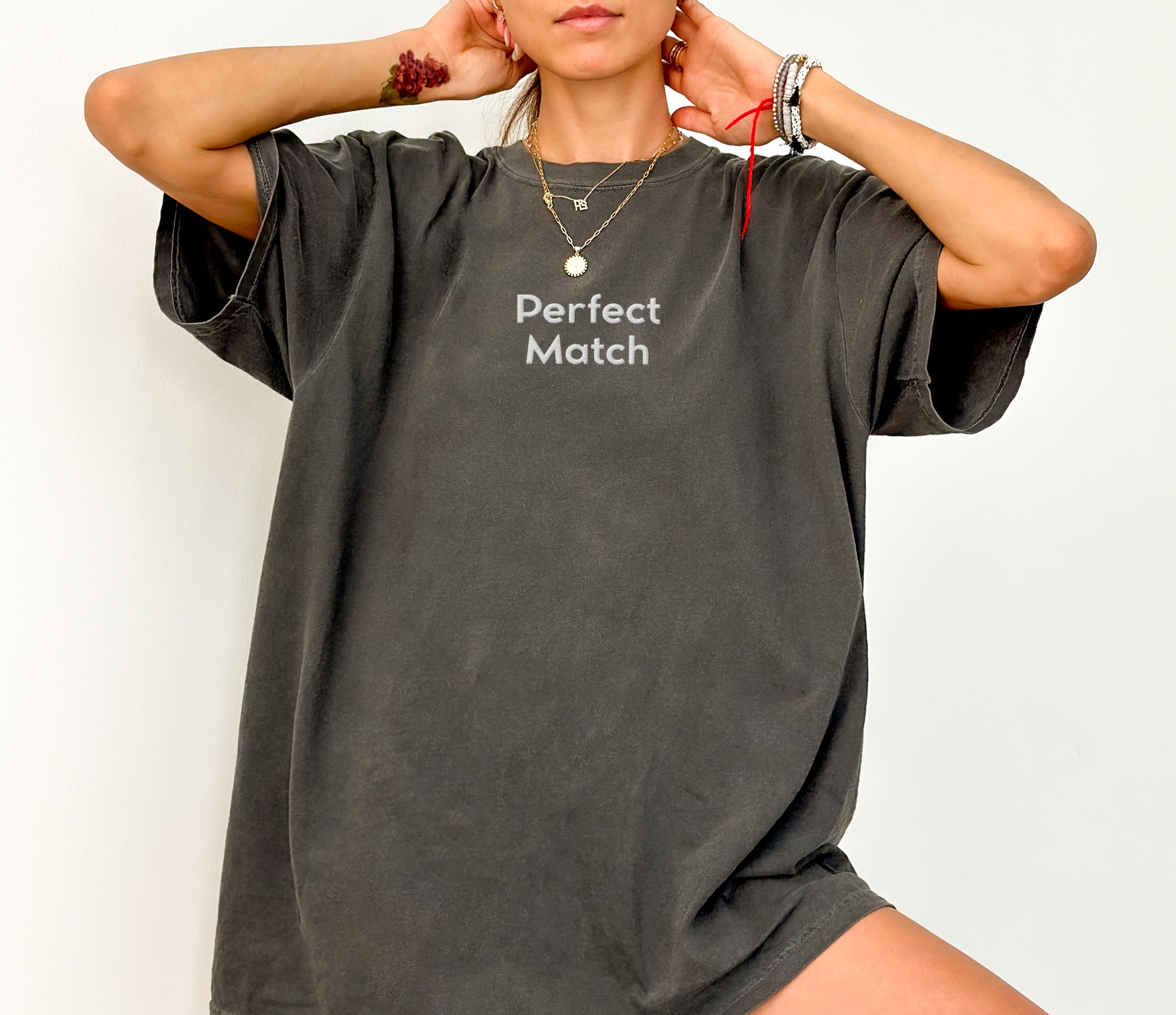 Perfect Match Embroidered T-Shirt | Minimalist Couples &amp; Best Friend Gift | Premium Comfort Colors Oversized Tee