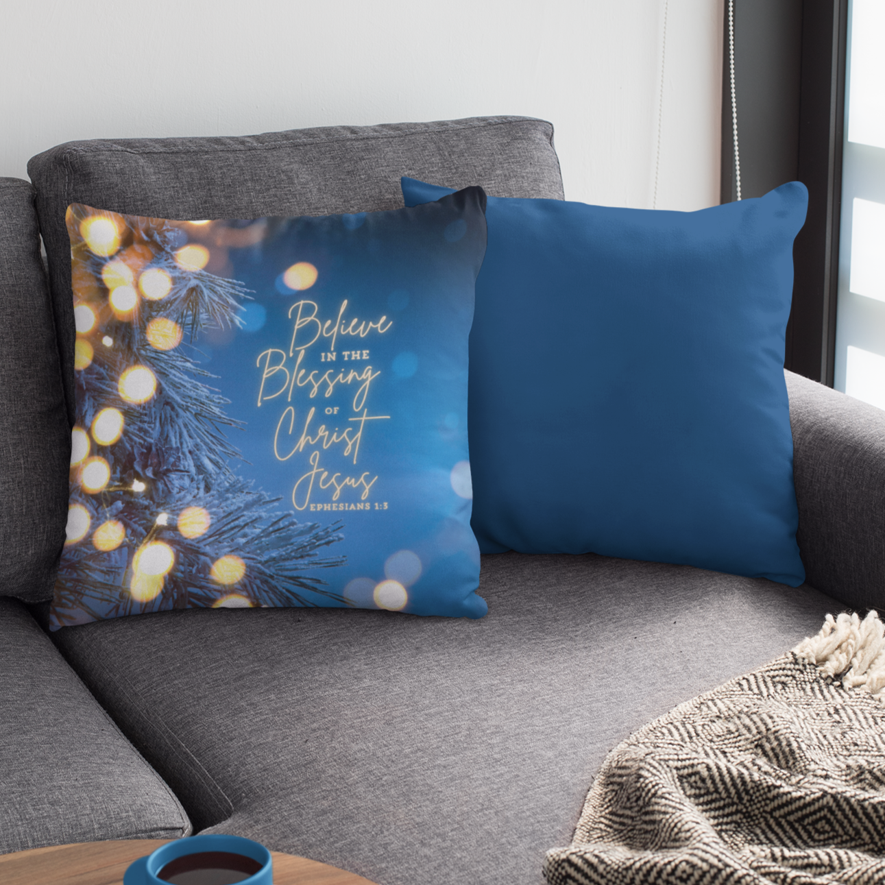 Believe in the Blessing - Christmas Pillow in Blue and Gold product thumbnail image Believe in the Blessing - Christmas Pillow in Blue and Gold product thumbnail image