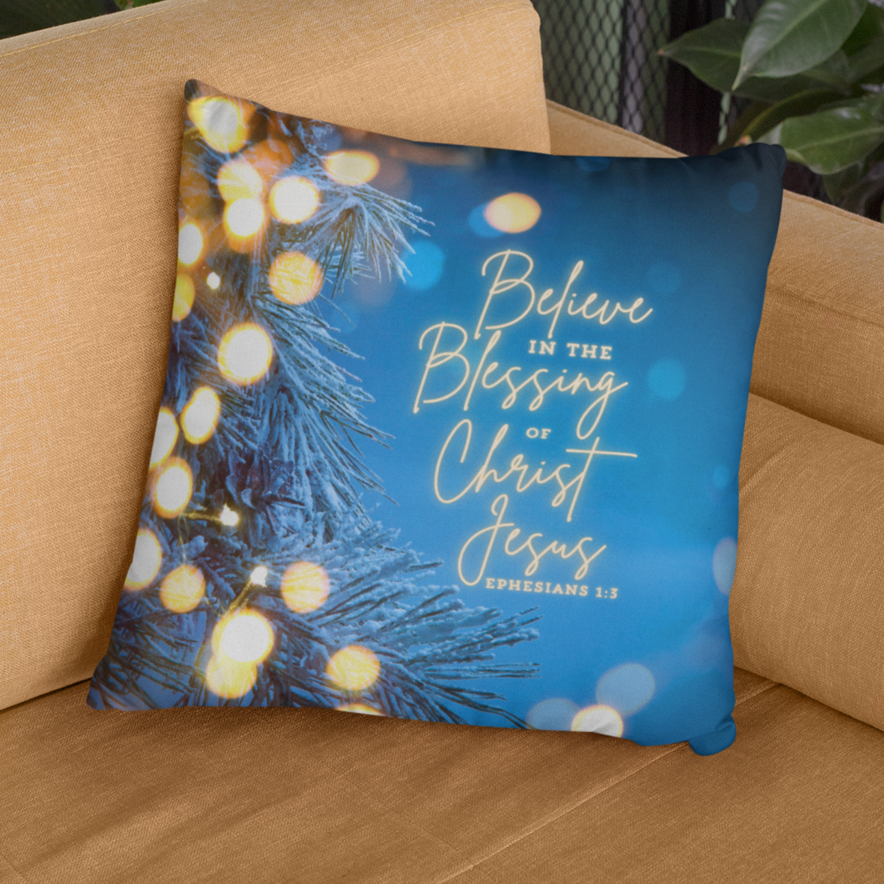 Believe in the Blessing - Christmas Pillow in Blue and Gold