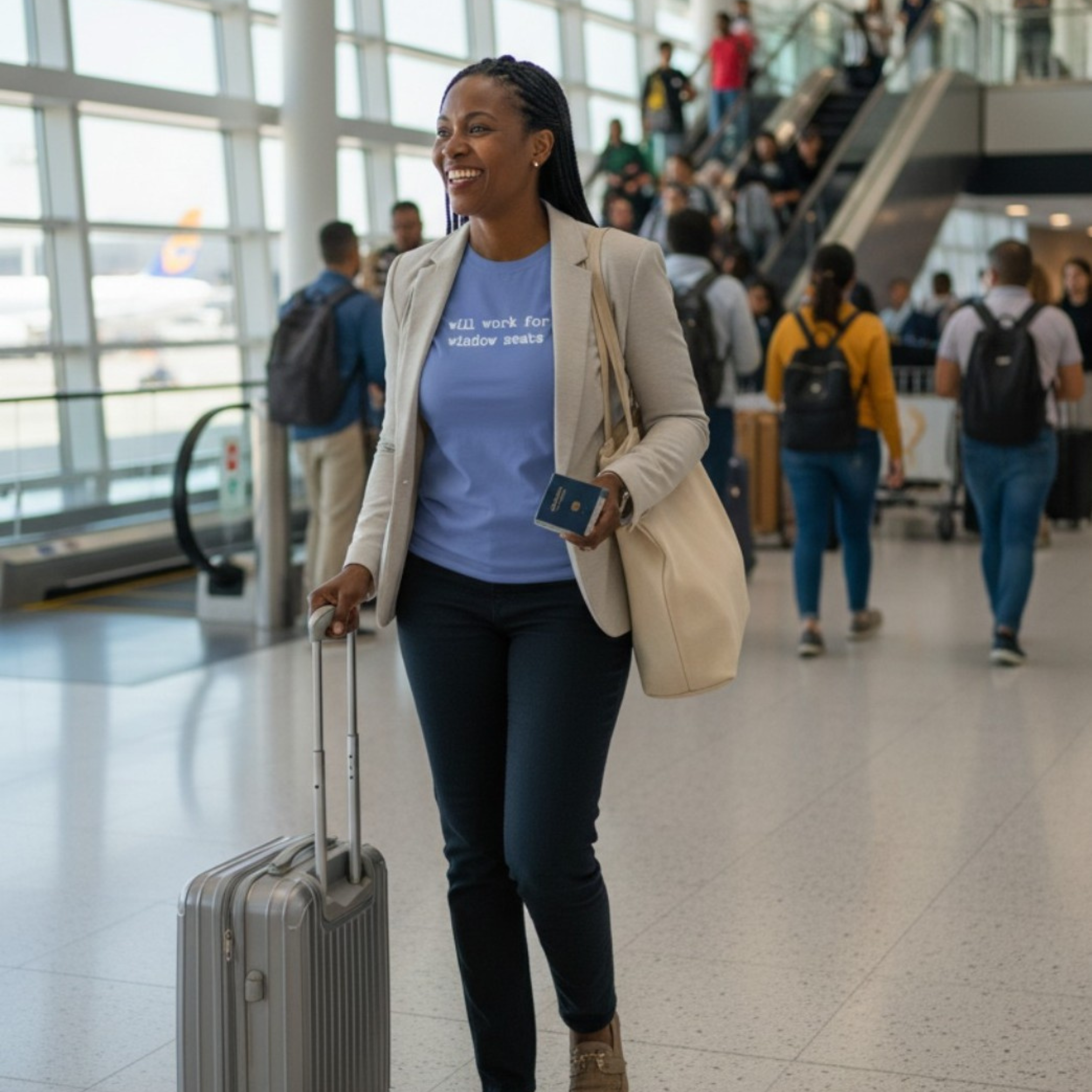 Travel T-Shirt – “Will Work for Window Seats” Unisex Comfort Tee | Funny Airplane Travel Shirt | Gift for Frequent Flyers