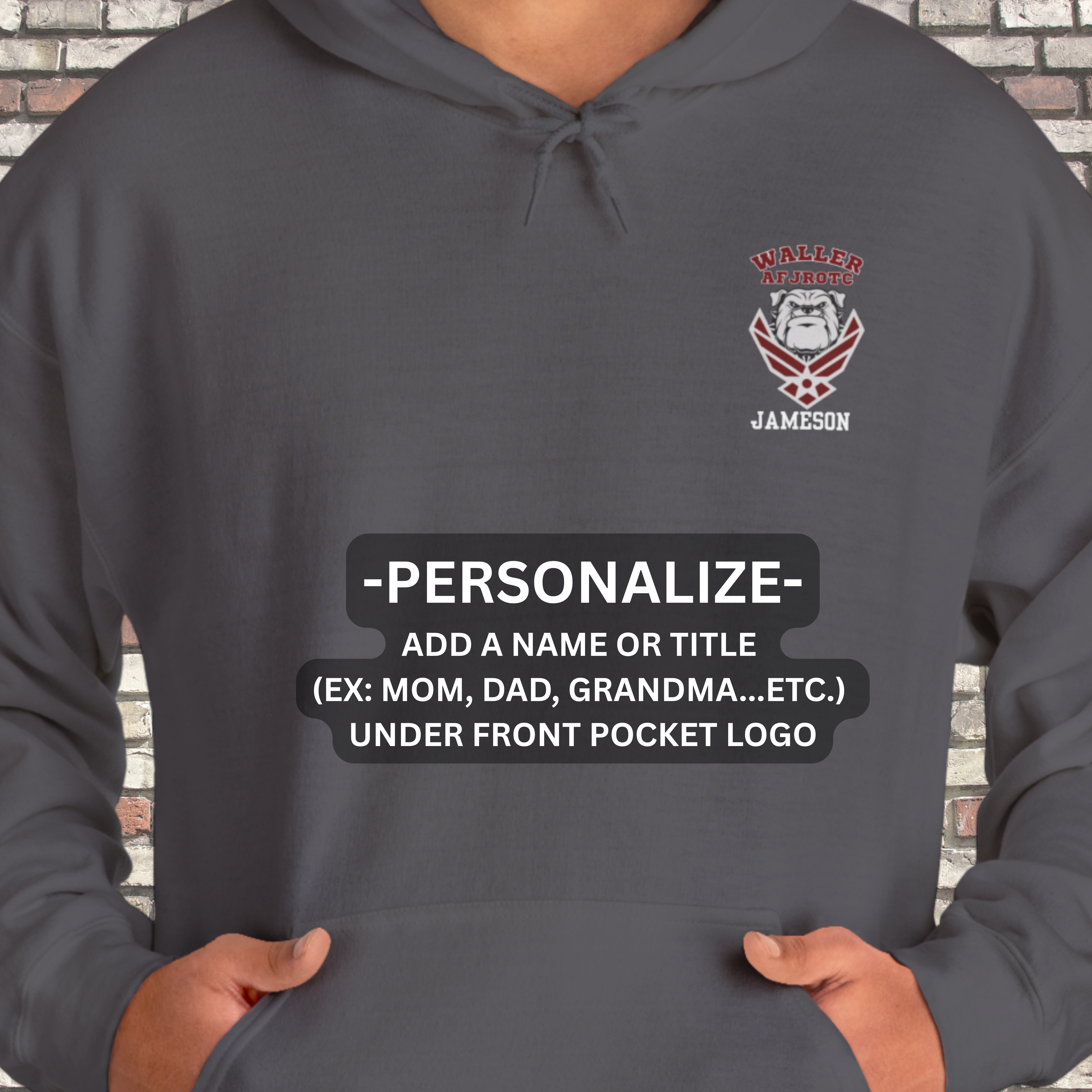 Waller High School AFJROTC Hooded Sweatshirt-Can be personalized with a name or title under front pocket logo product thumbnail image Waller High School AFJROTC Hooded Sweatshirt-Can be personalized with a name or title under front pocket logo product thumbnail image