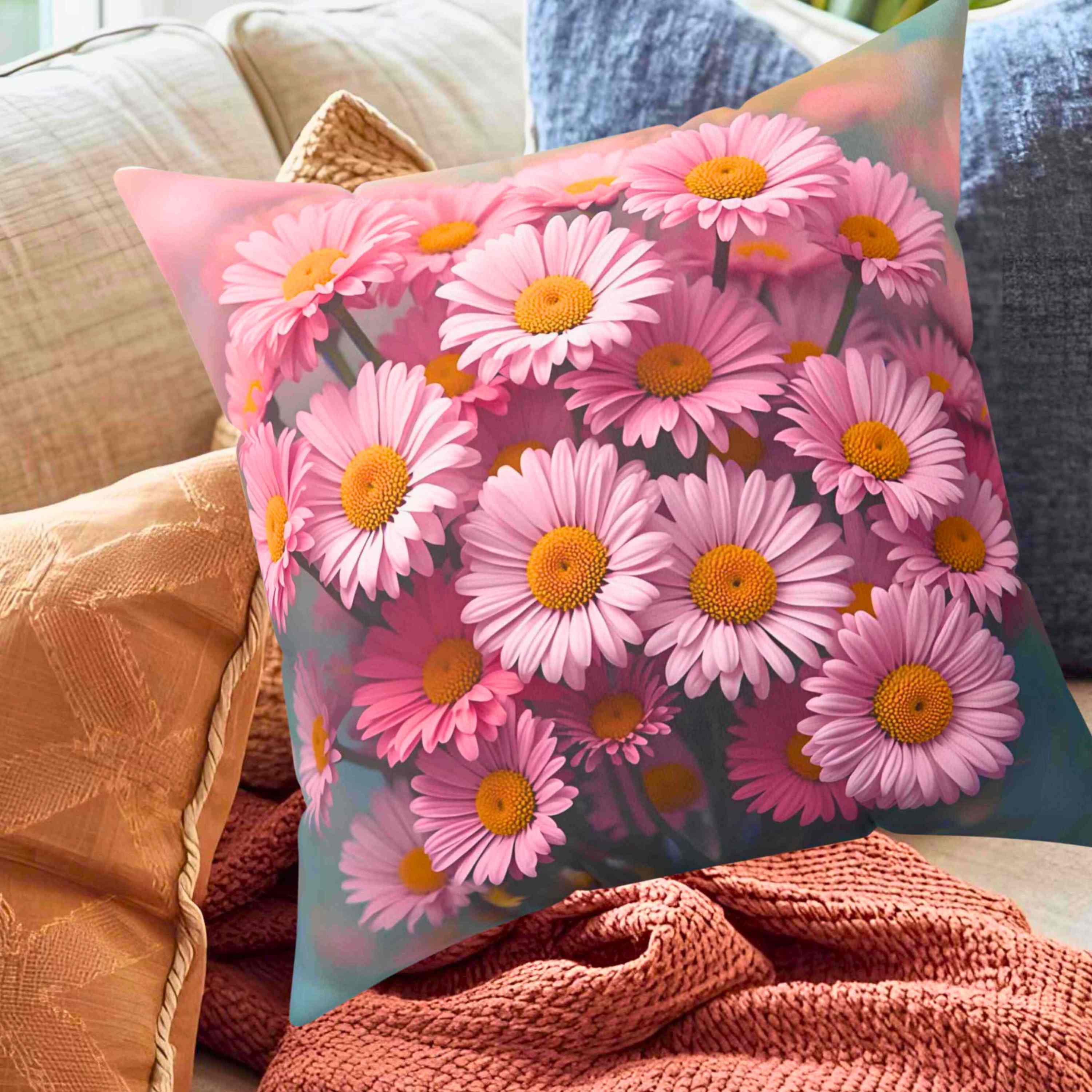 Blush Pink Daisy Floral Pillow – Soft Feminine Cushion Cover for Living Room or Bed, Garden-Inspired Home Accent, Gift for Her, Romantic Bedroom Decor. product thumbnail image