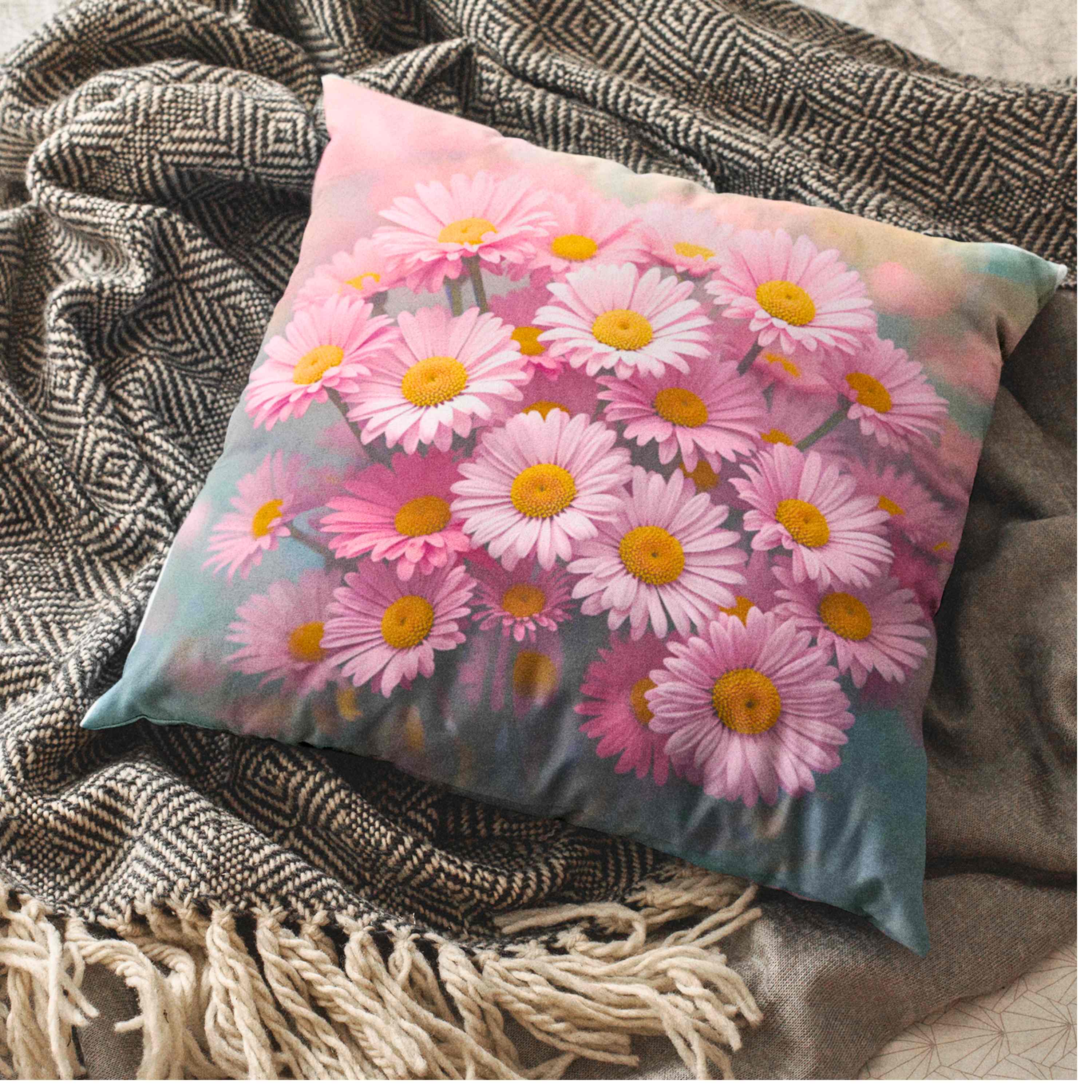 Blush Pink Daisy Floral Pillow – Soft Feminine Cushion Cover for Living Room or Bed, Garden-Inspired Home Accent, Gift for Her, Romantic Bedroom Decor. product thumbnail image