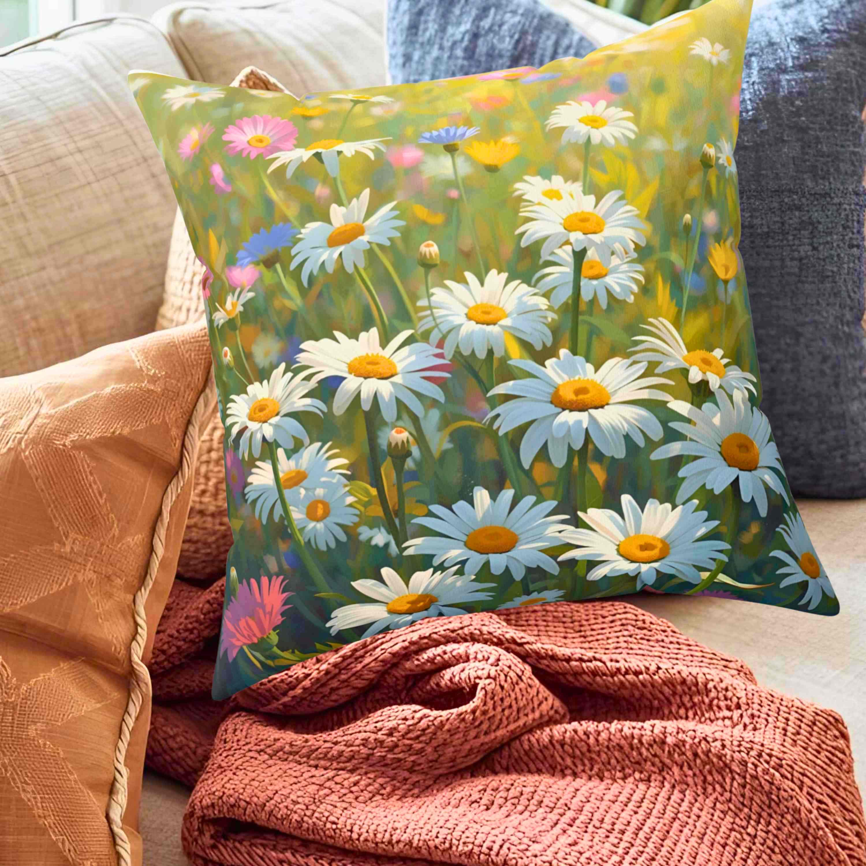 Daisy Field Throw Pillow Cover – Country Chic Floral Cushion for Living Room, Bedroom, or Cottage Décor – Fresh Meadow Blooms