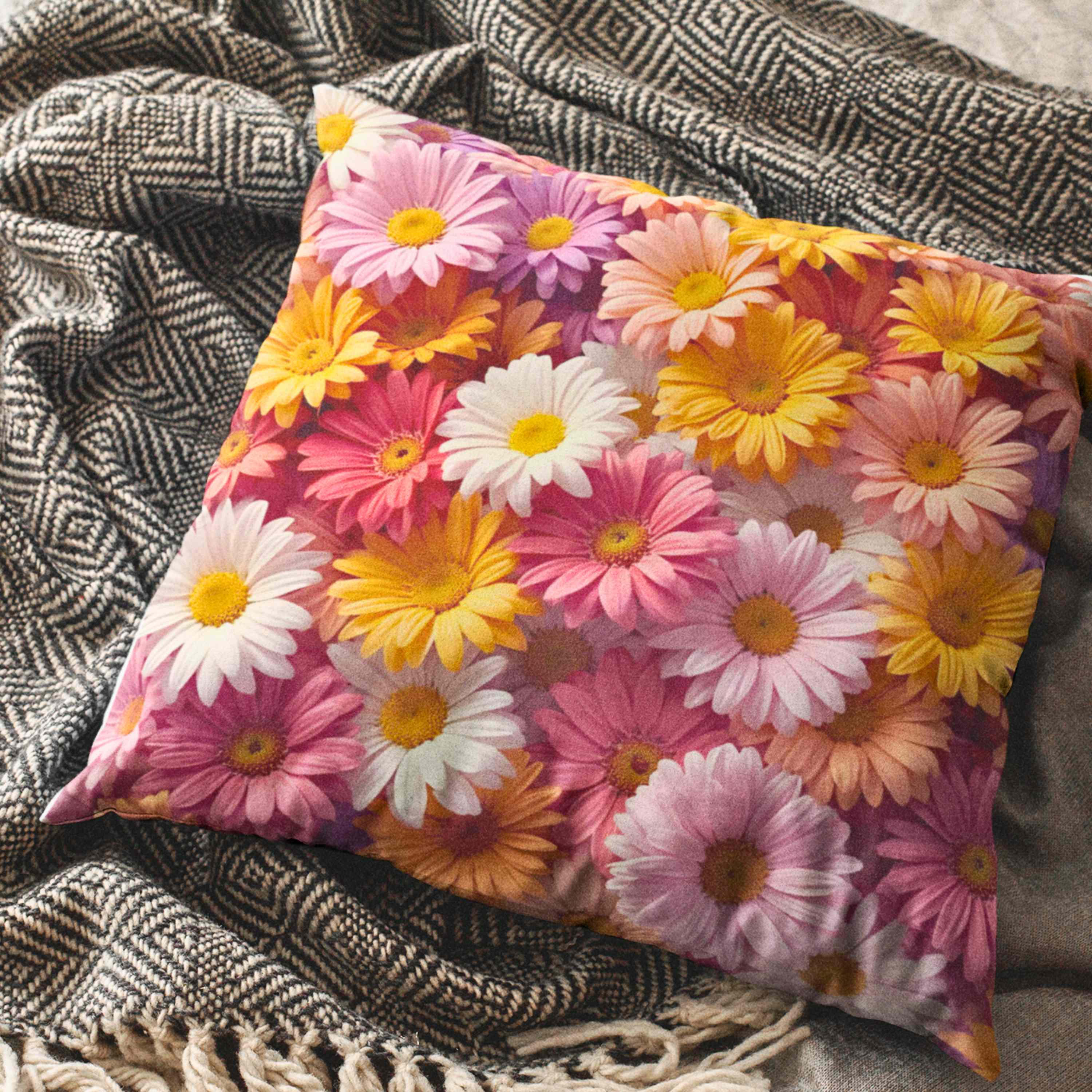Rainbow Daisy Floral Pillow – Cheerful Garden Bloom Pillowcase, Colorful Home Accent for Sofa or Bed, Petals on Pillows product thumbnail image