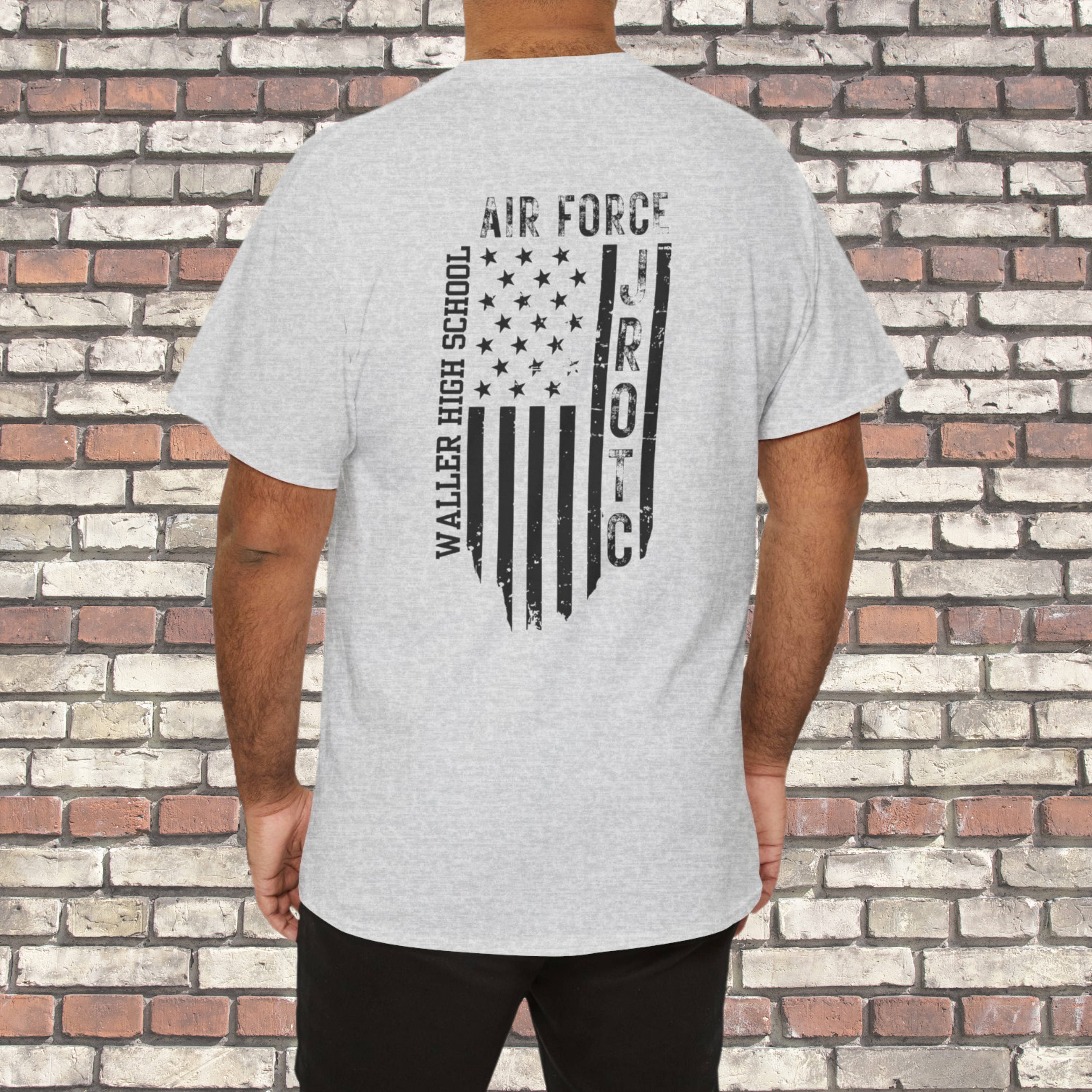 Waller JROTC Gildan 5000 Unisex Heavy Cotton Tee - Customized School Name - Air Force - Distressed Flag - Back of Shirt Design product thumbnail image