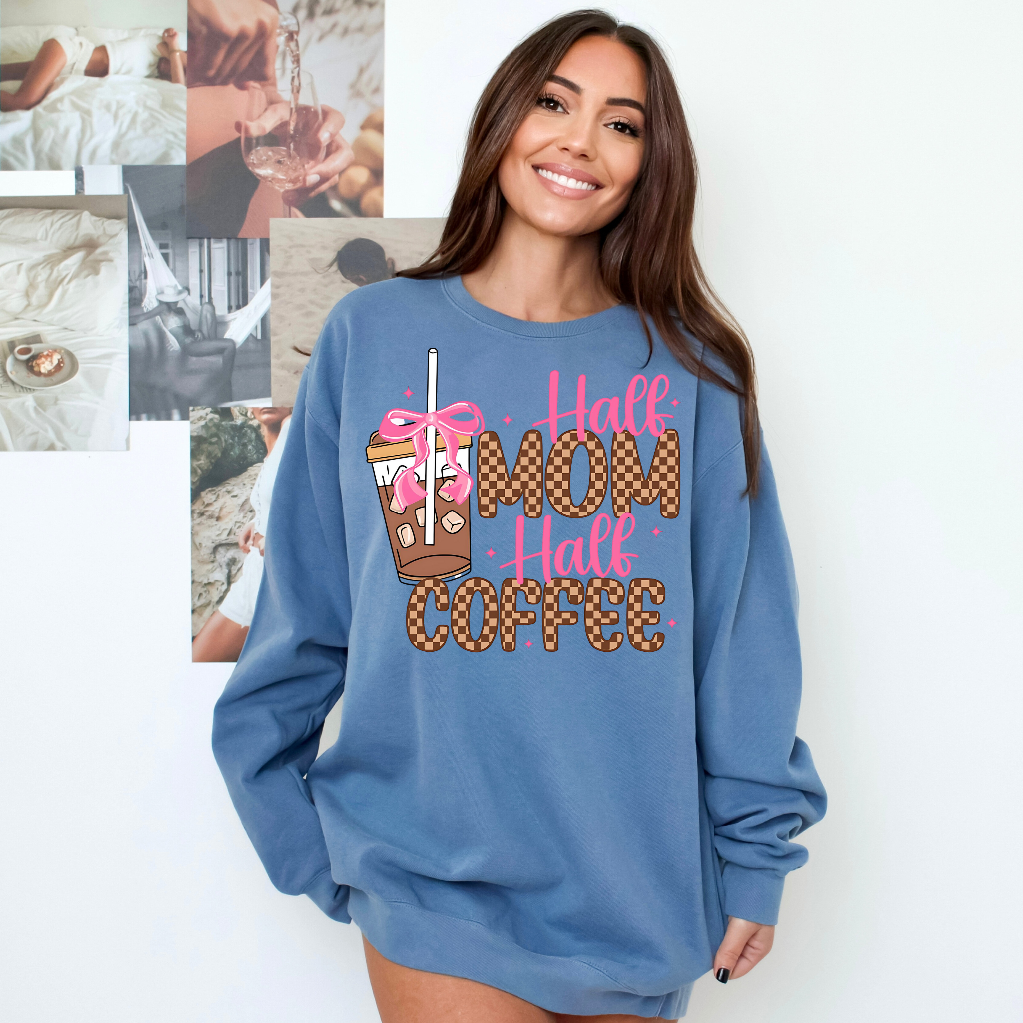 Half Mom Half Coffee Sweatshirt | Comfort Colors® Cozy Blue Graphic Pullover for Caffeinated Moms product thumbnail image