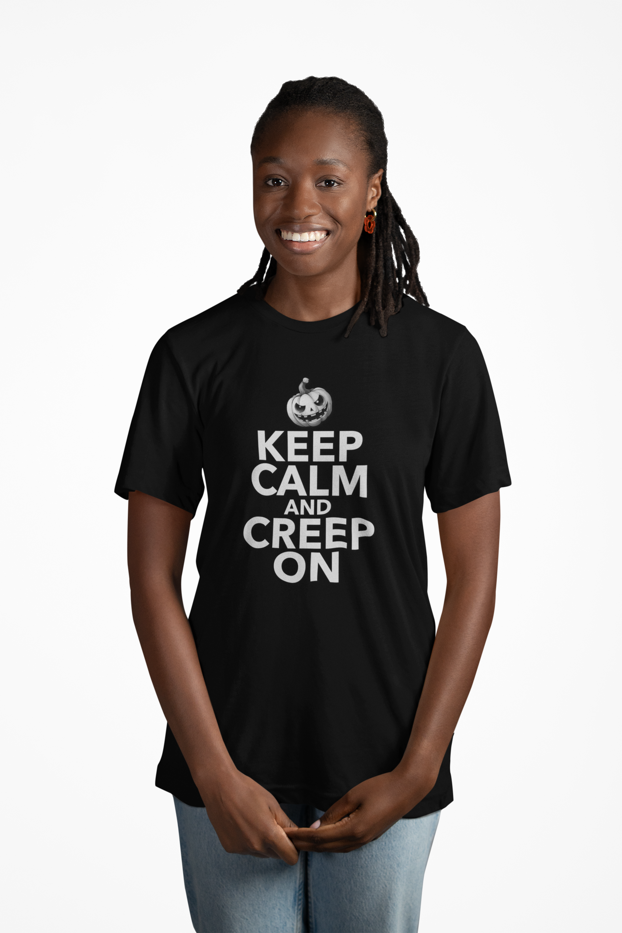 "Keep Calm and Creep On" Halloween Unisex Tee, Funny Graphic Tee, Fall Apparel, Casual Halloween Shirt, Spooky Party Wear "Keep Calm and Creep On" Halloween Unisex Tee, Funny Graphic Tee, Fall Apparel, Casual Halloween Shirt, Spooky Party Wear