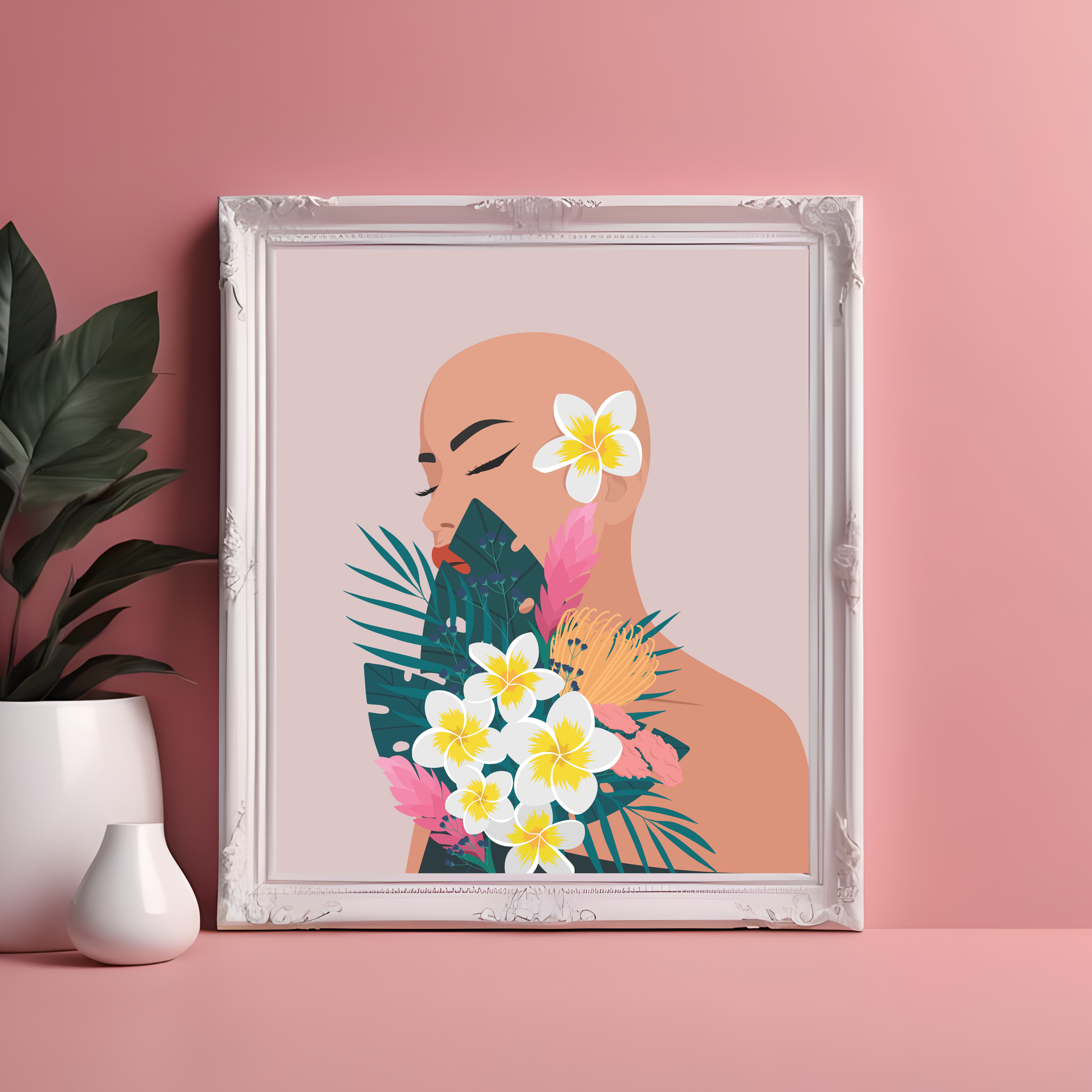 Bald Girl with Tropical Flower Bouquet – Alopecia Awareness Art | Empowering Feminine Illustration product thumbnail image Bald Girl with Tropical Flower Bouquet – Alopecia Awareness Art | Empowering Feminine Illustration product thumbnail image
