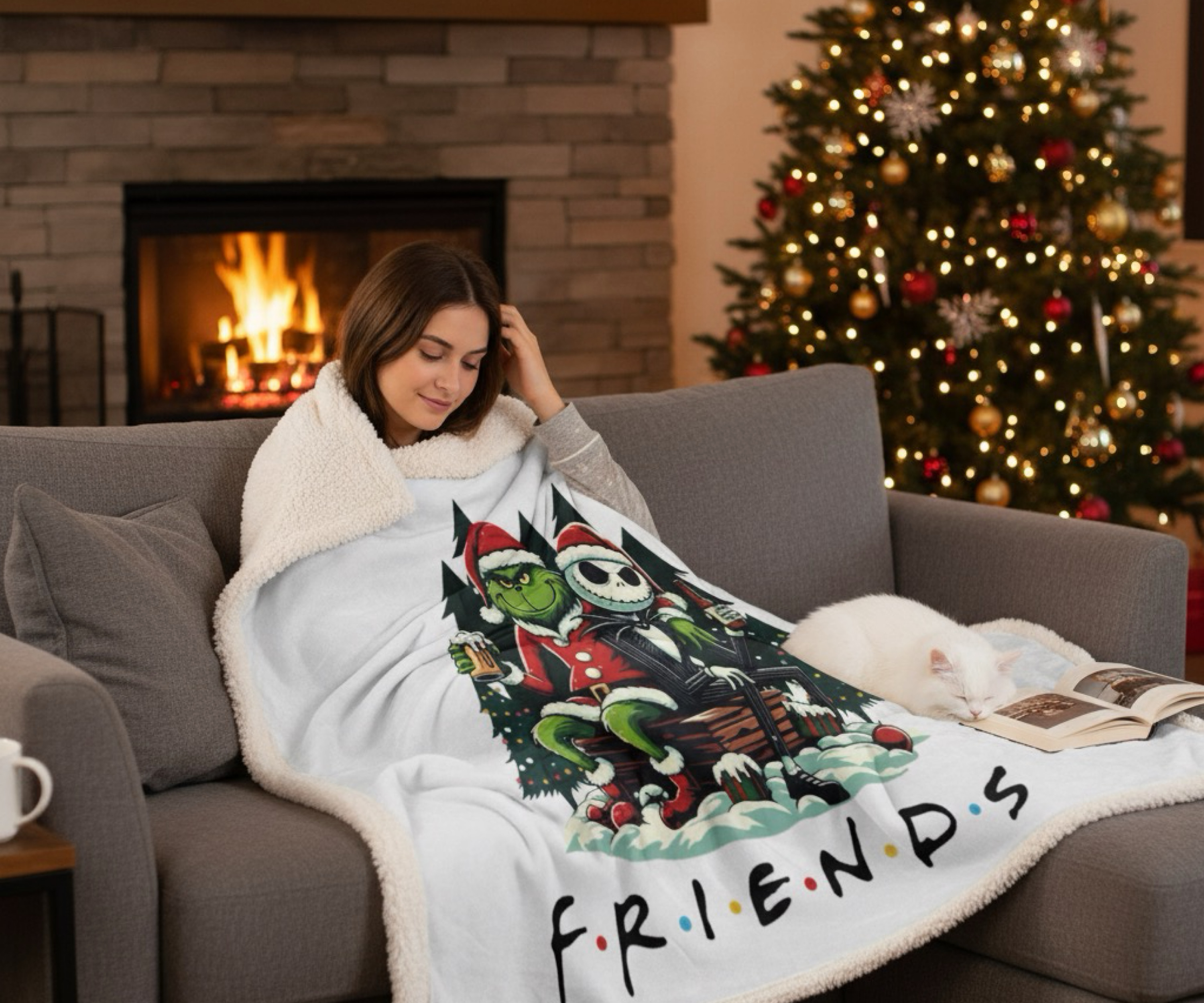 Grinch & Jack Skellington Friends Sherpa Fleece Blanket | Christmas Warm 60x80 product thumbnail image Grinch & Jack Skellington Friends Sherpa Fleece Blanket | Christmas Warm 60x80 product thumbnail image