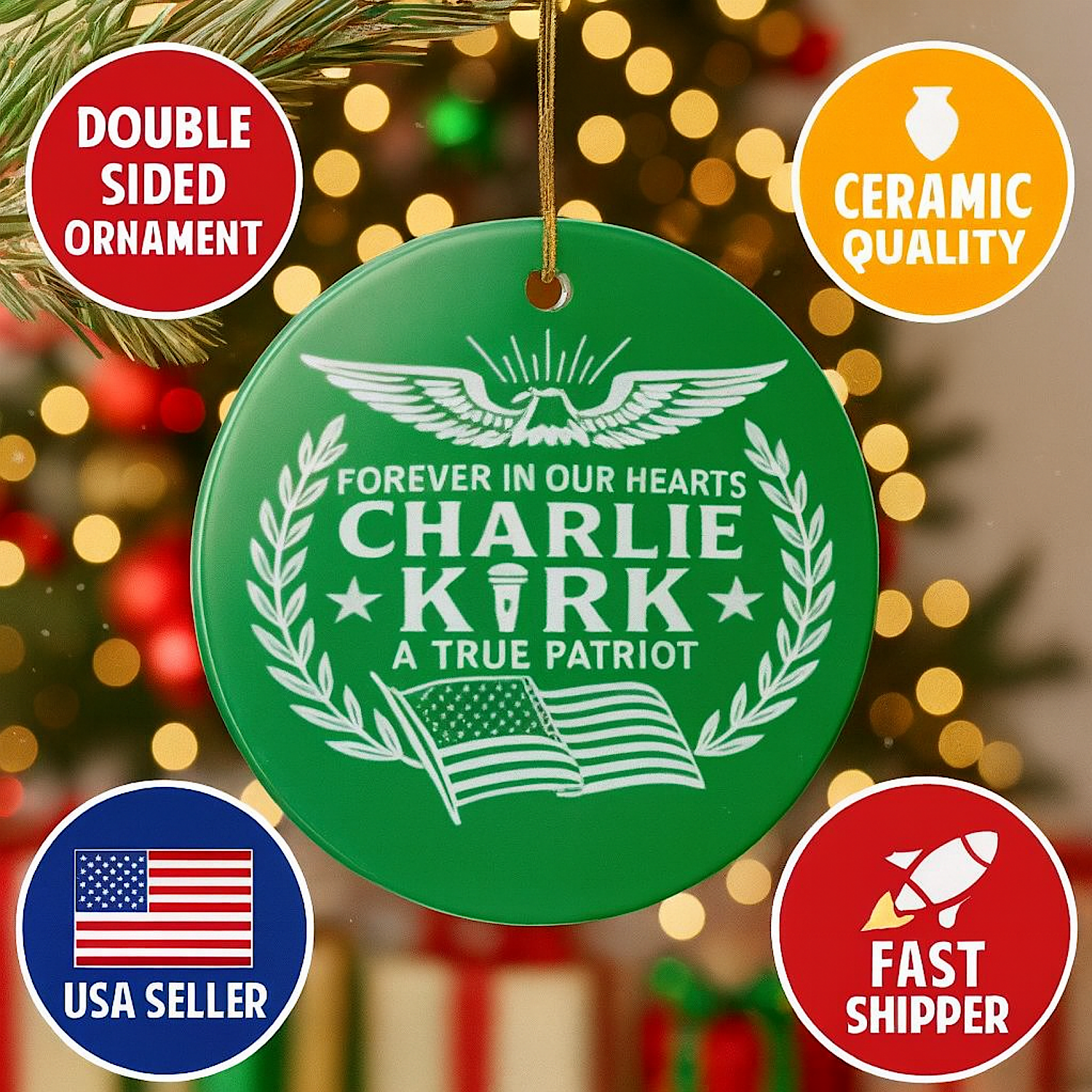 Charlie Kirk Christmas Tribute Ornament Double Sided Ceramic Turning Point USA product thumbnail image Charlie Kirk Christmas Tribute Ornament Double Sided Ceramic Turning Point USA product thumbnail image