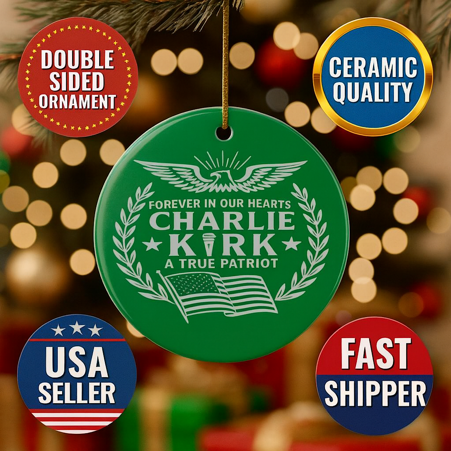 Charlie Kirk Christmas Tribute Ornament Double Sided Ceramic Turning Point USA product thumbnail image Charlie Kirk Christmas Tribute Ornament Double Sided Ceramic Turning Point USA product thumbnail image