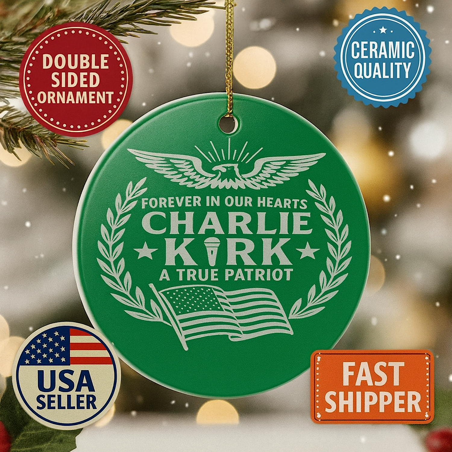 Charlie Kirk Christmas Tribute Ornament Double Sided Ceramic Turning Point USA product thumbnail image Charlie Kirk Christmas Tribute Ornament Double Sided Ceramic Turning Point USA product thumbnail image