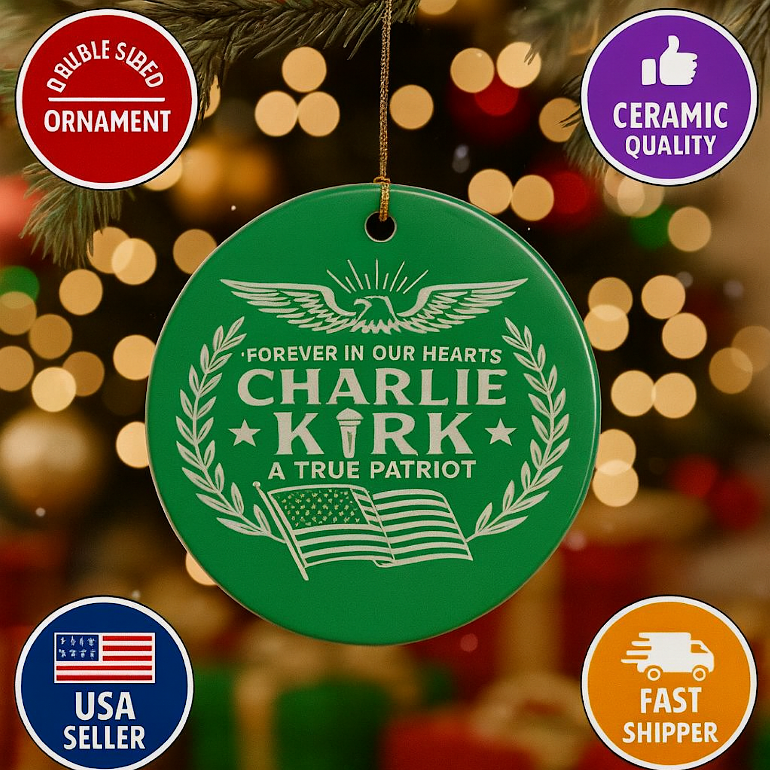 Charlie Kirk Christmas Tribute Ornament Double Sided Ceramic Turning Point USA product thumbnail image Charlie Kirk Christmas Tribute Ornament Double Sided Ceramic Turning Point USA product thumbnail image