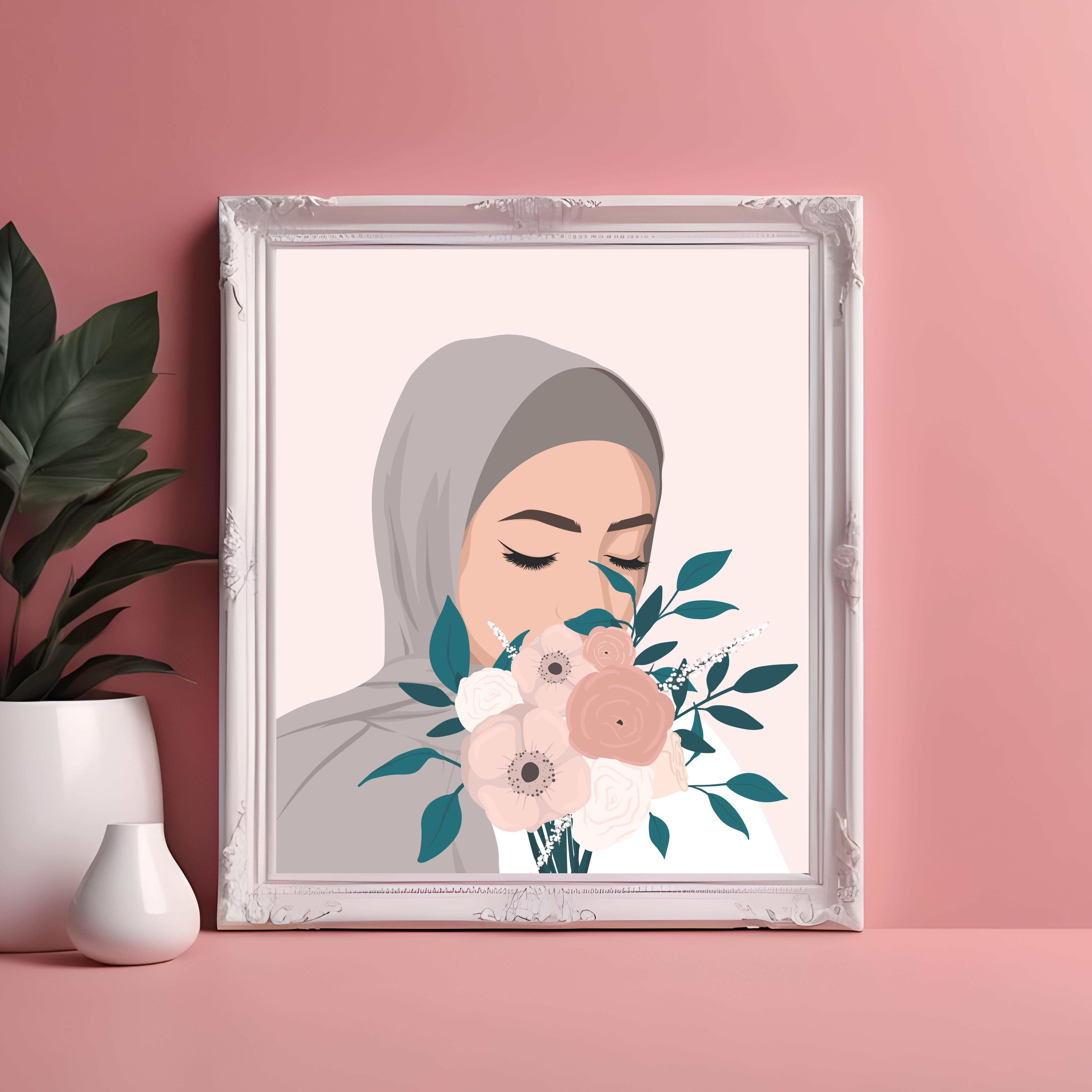 Hijabi Girl with Flower Bouquet – Soft Pink Islamic Art Print | Modest Fashion Illustration &amp; Feminine Floral Design product thumbnail image
