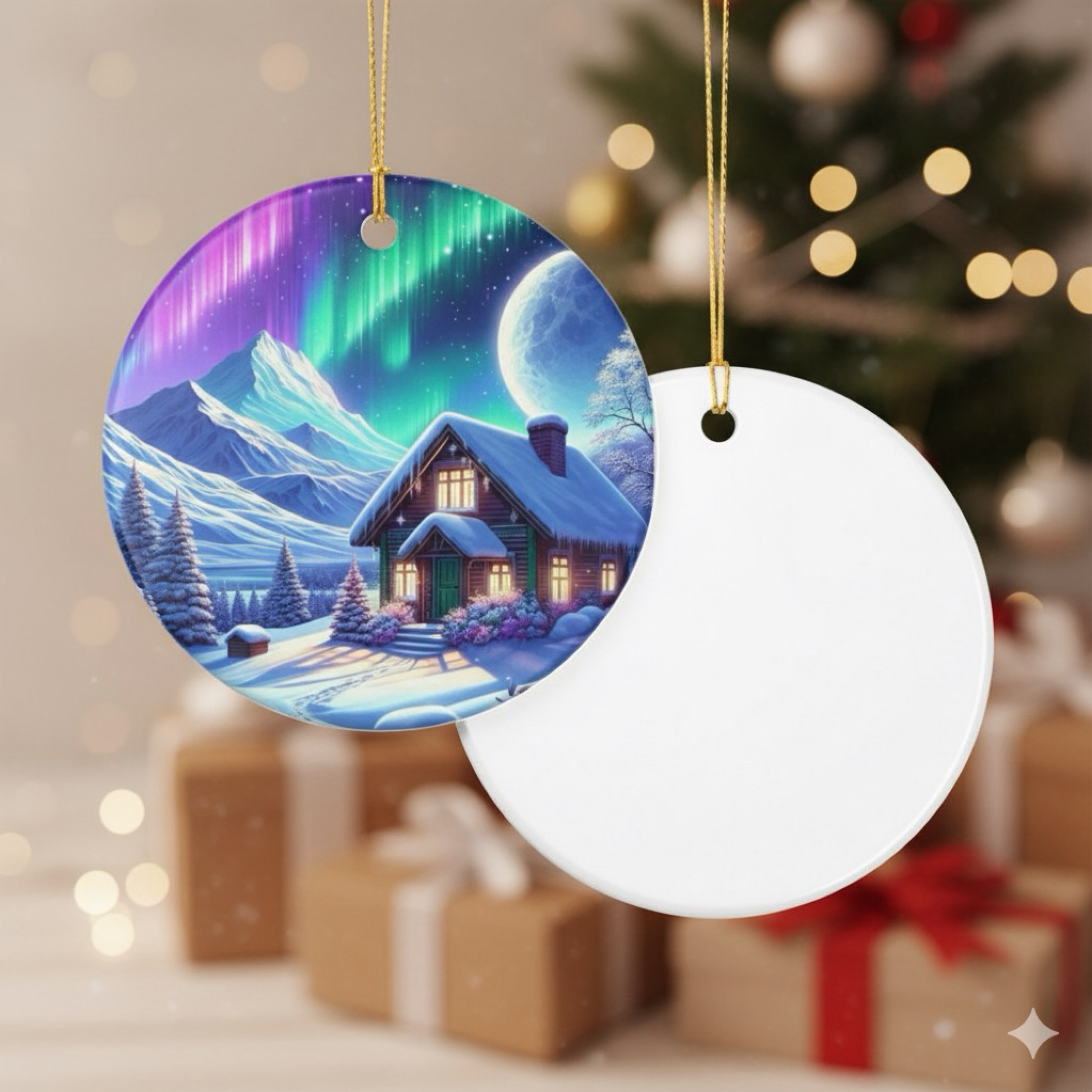 Winter Cabin Northern Lights Ceramic Christmas Ornament | Cozy Holiday Tree Decoration Winter Keepsake Gift product thumbnail image