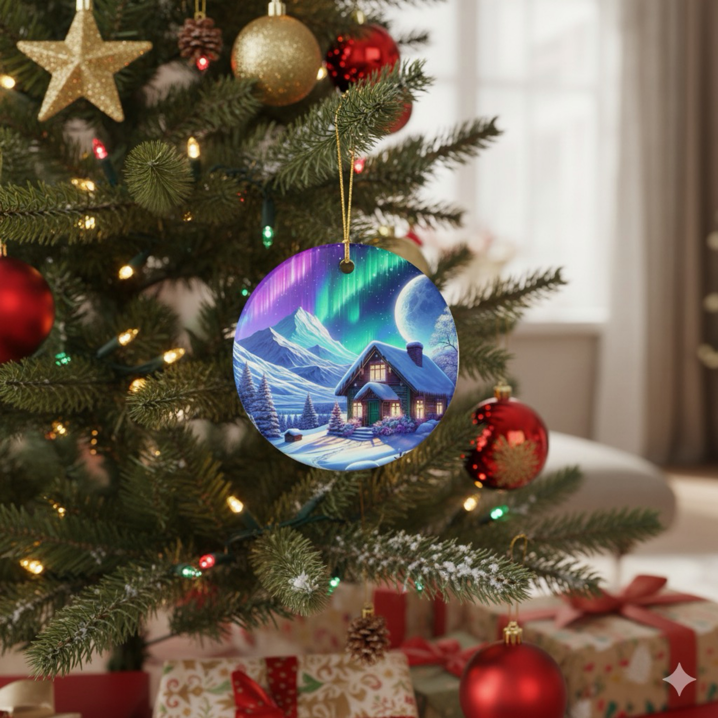 Winter Cabin Northern Lights Ceramic Christmas Ornament | Cozy Holiday Tree Decoration Winter Keepsake Gift product thumbnail image