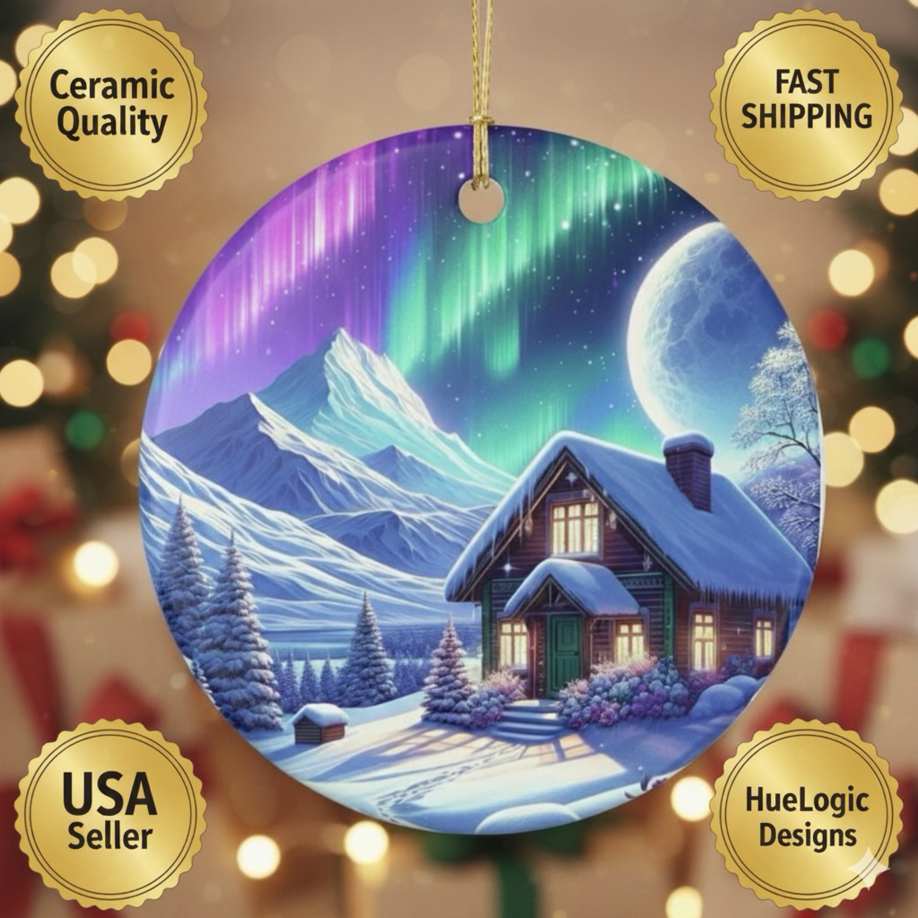 Winter Cabin Northern Lights Ceramic Christmas Ornament | Cozy Holiday Tree Decoration Winter Keepsake Gift
