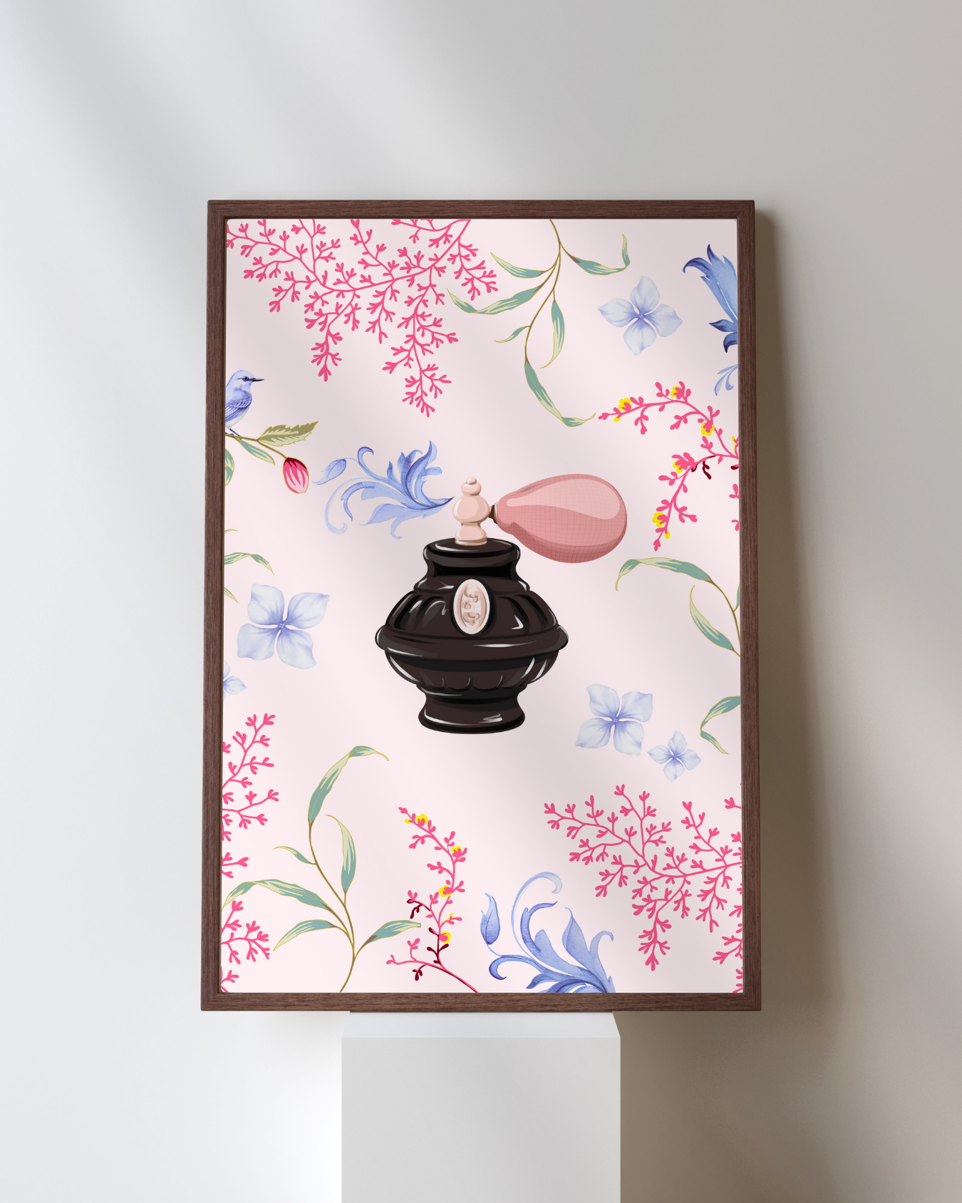 Vintage Perfume Bottle Floral Illustration – Elegant Botanical Wall Art | Feminine Pink &amp; Blue Aesthetic Print product thumbnail image