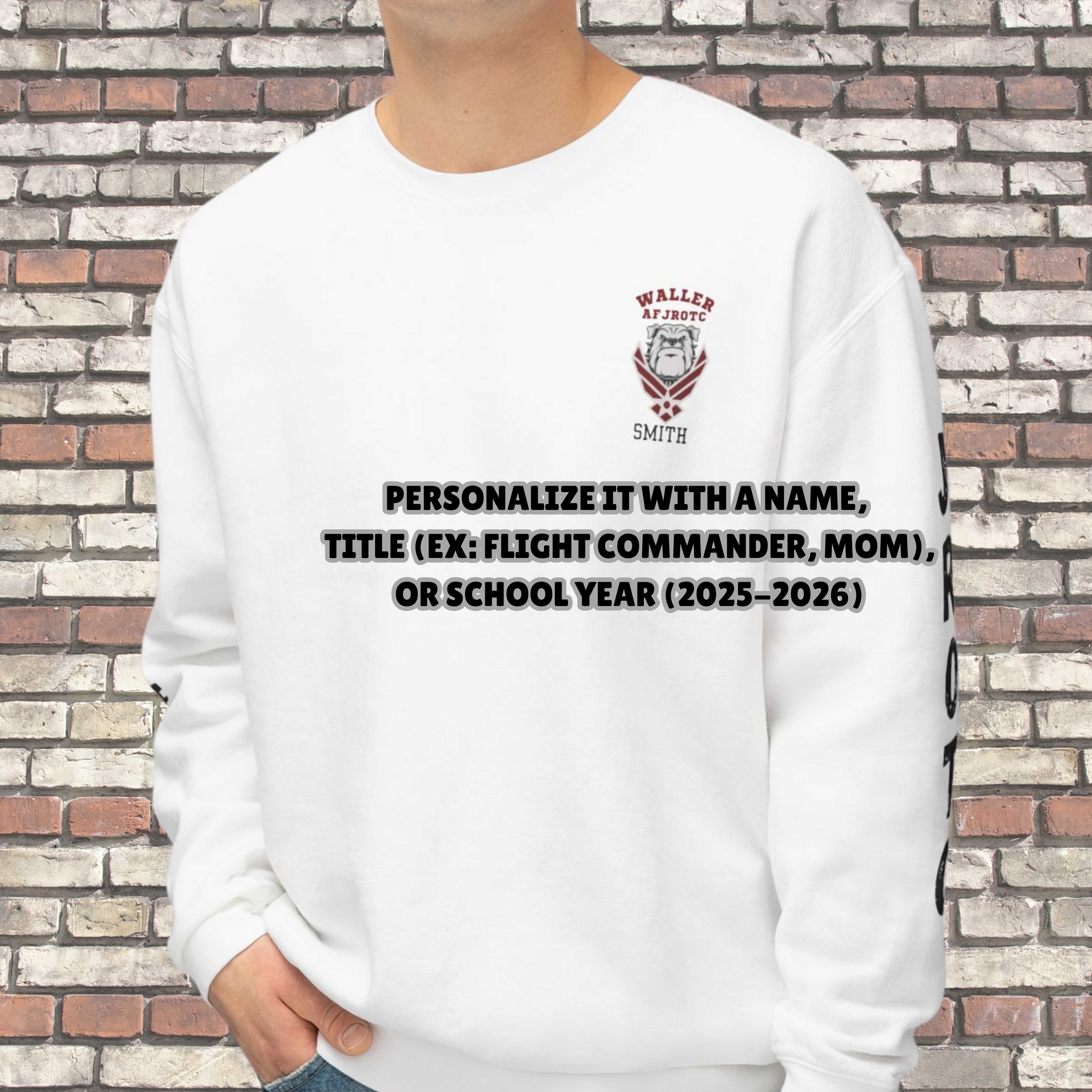 Waller High School AFJROTC Sweatshirt - Bulldog Air Force Logo on front-pocket, ‘AIR FORCE’ On Right Sleeve & ‘JROTC’ on Left Sleeve -Personalize product thumbnail image Waller High School AFJROTC Sweatshirt - Bulldog Air Force Logo on front-pocket, ‘AIR FORCE’ On Right Sleeve & ‘JROTC’ on Left Sleeve -Personalize product thumbnail image