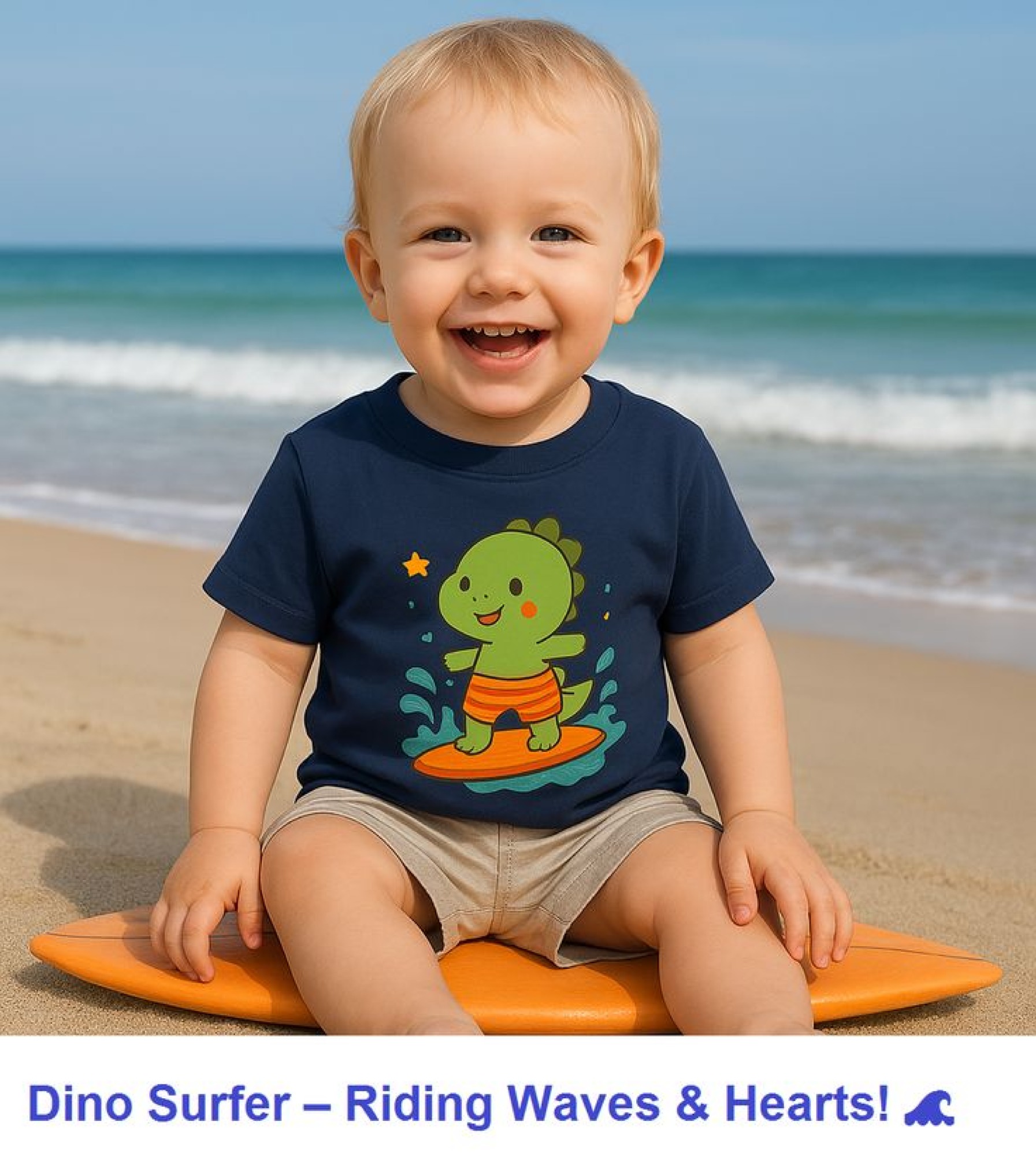 Cute Surfing Dinosaur Toddler Tee product thumbnail image Cute Surfing Dinosaur Toddler Tee product thumbnail image
