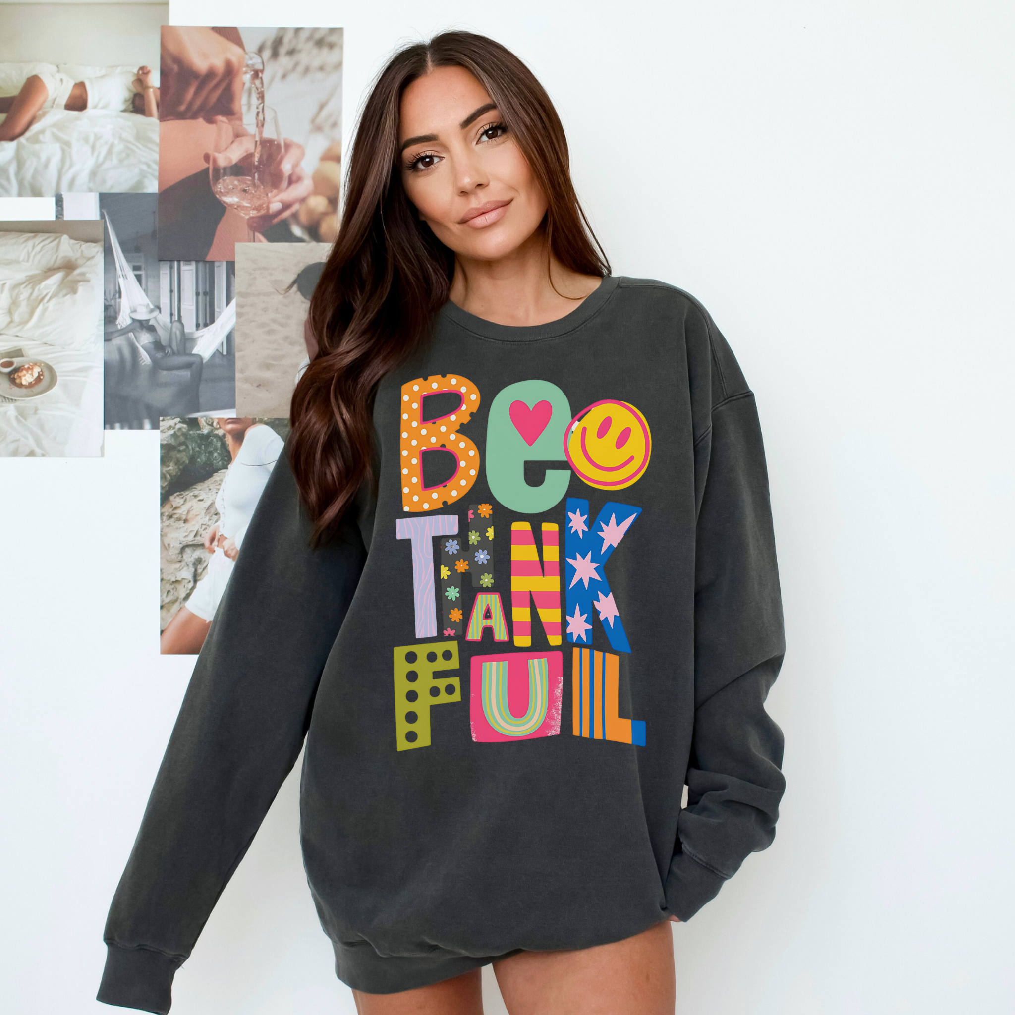 Be Thankful Retro Letter Sweatshirt | Comfort Colors® Vintage Black Fall Pullover | Thanksgiving Graphic Sweatshirt