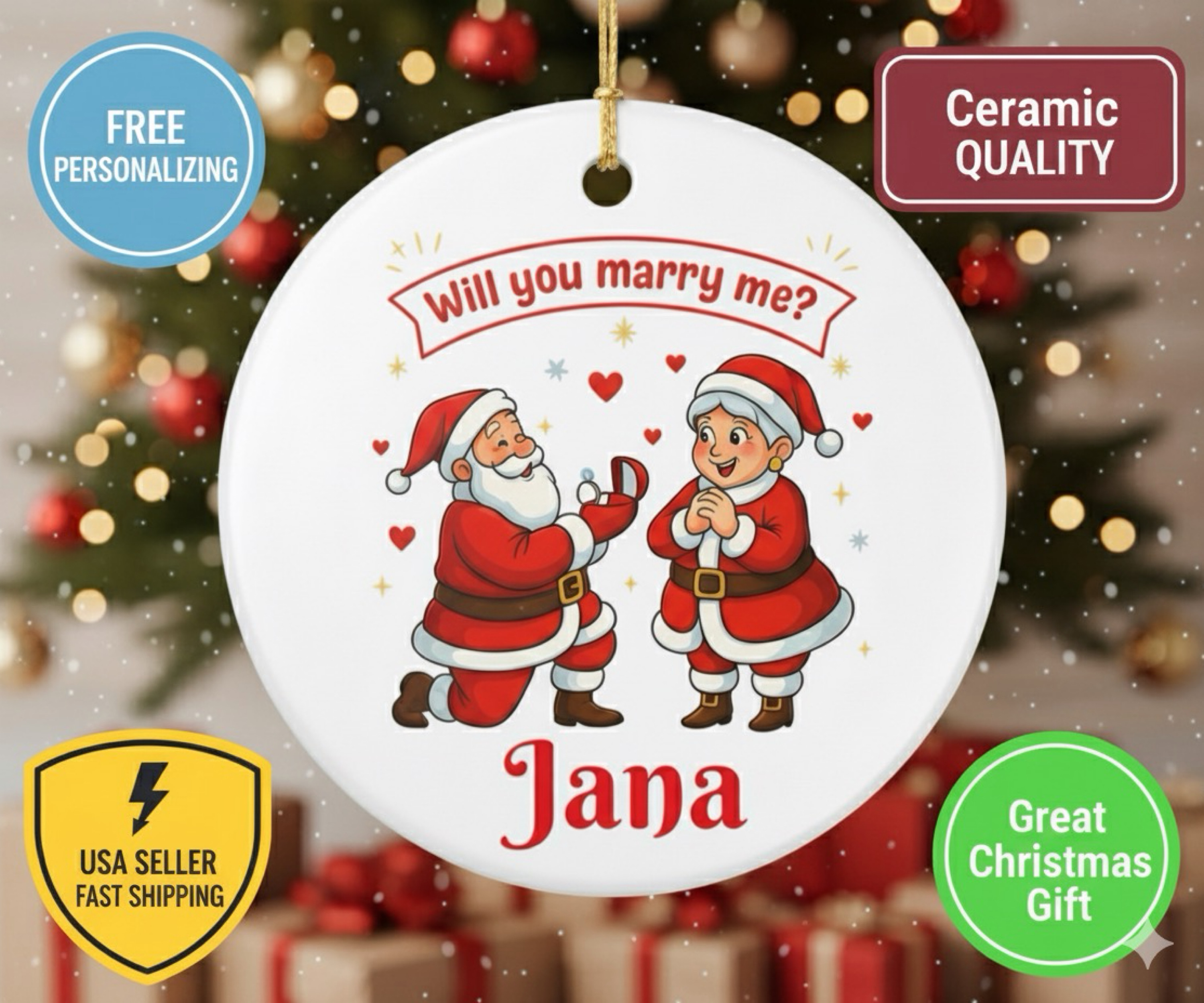 Personalized Santa Claus Proposal Ornament Will You Marry Me Christmas Ornament Engagement Ornament Idea for Couples product thumbnail image Personalized Santa Claus Proposal Ornament Will You Marry Me Christmas Ornament Engagement Ornament Idea for Couples product thumbnail image