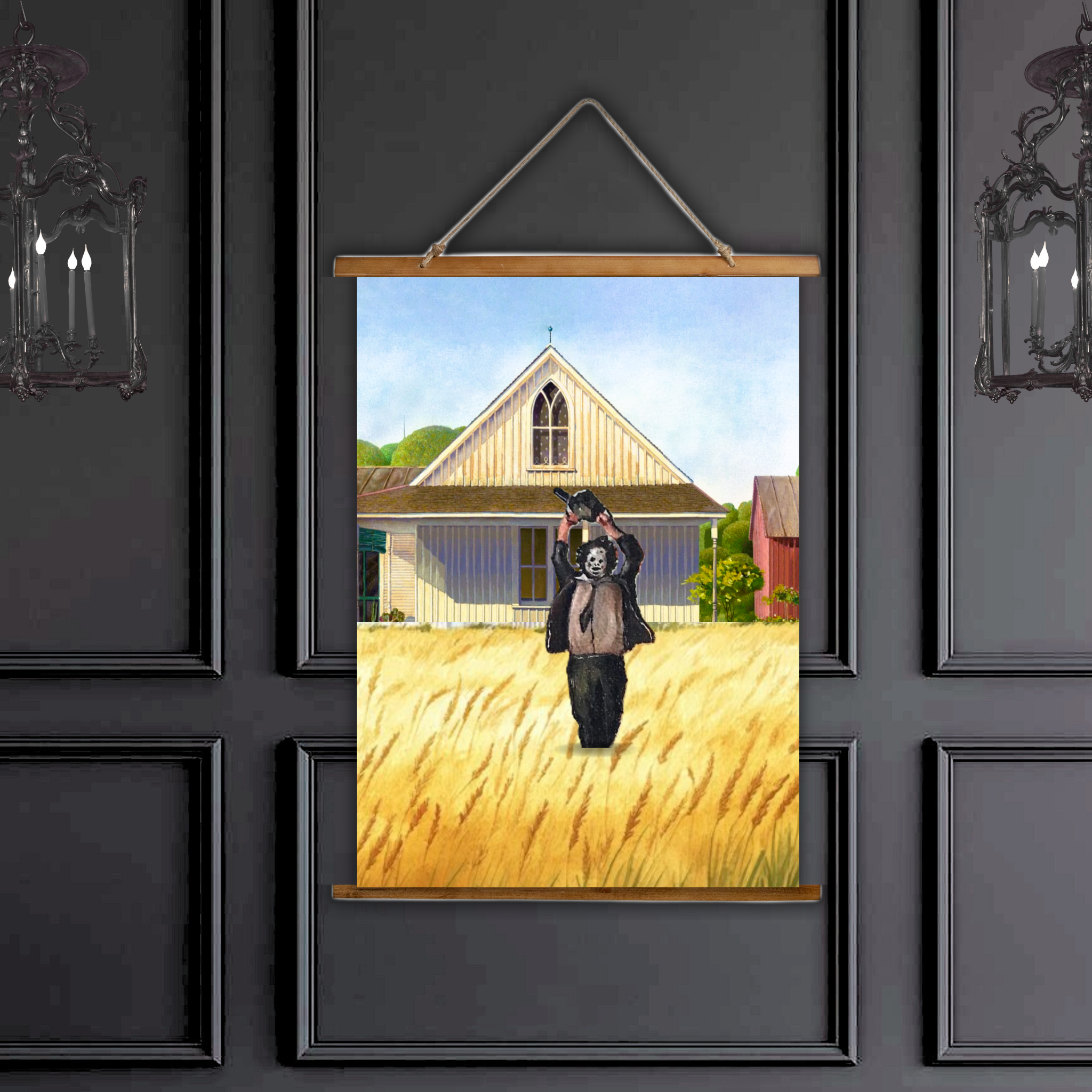 Leatherface American Gothic Farmhouse-Wall Tapestry product thumbnail image Leatherface American Gothic Farmhouse-Wall Tapestry product thumbnail image