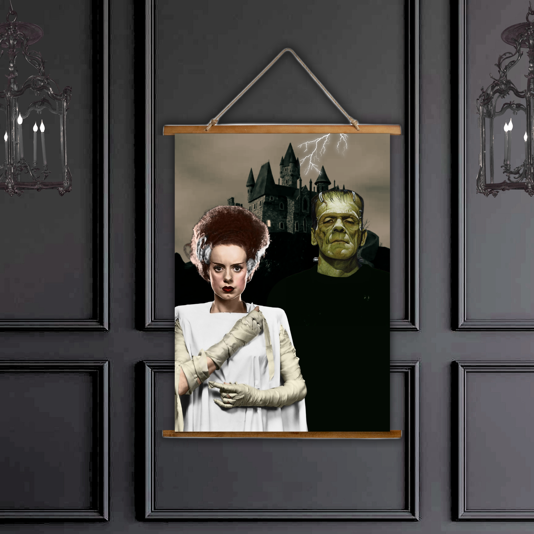 Frankenstein's Monster and Bride, Frankenstein's Castle - Wall Tapestry product thumbnail image