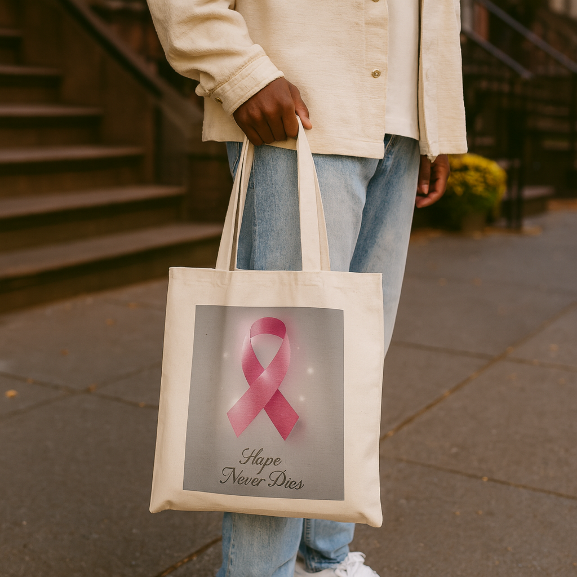 Hope Ribbon Tote Bag Breast Cancer Awareness Gift | Hope Never Dies Pink Ribbon Cotton Canvas Bag | Support Survivor Charity or Walk Tote product thumbnail image Hope Ribbon Tote Bag Breast Cancer Awareness Gift | Hope Never Dies Pink Ribbon Cotton Canvas Bag | Support Survivor Charity or Walk Tote product thumbnail image