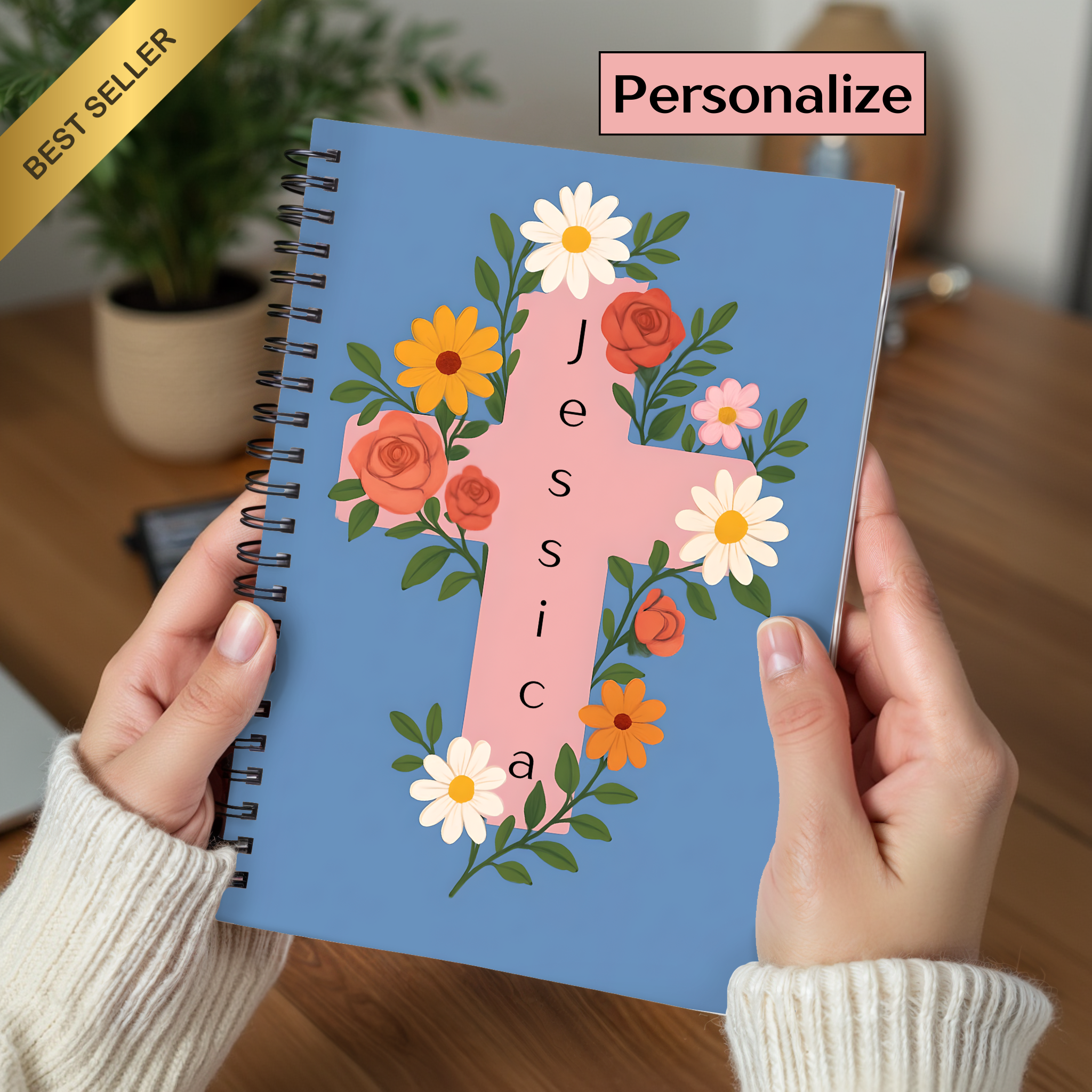 Floral Cross Personalized Spiral Notebook Perfect for Journaling, Note-taking, Christian Gifts, Inspirational Writing, Study Essentials product thumbnail image