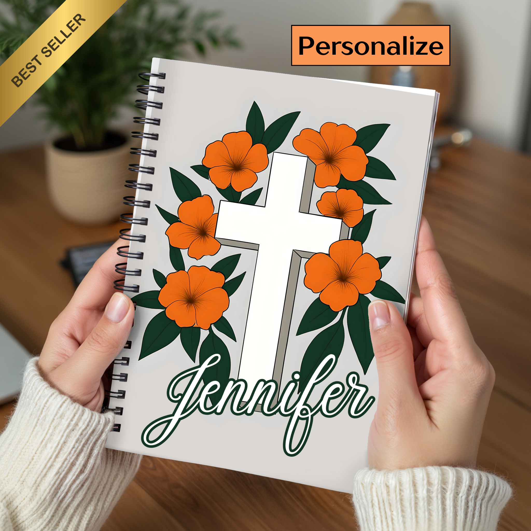 Floral Cross Personalized Spiral Notebook Inspirational Journal for Faith and Reflection, Stationery Gift for Religious Occasions, Bible Study,