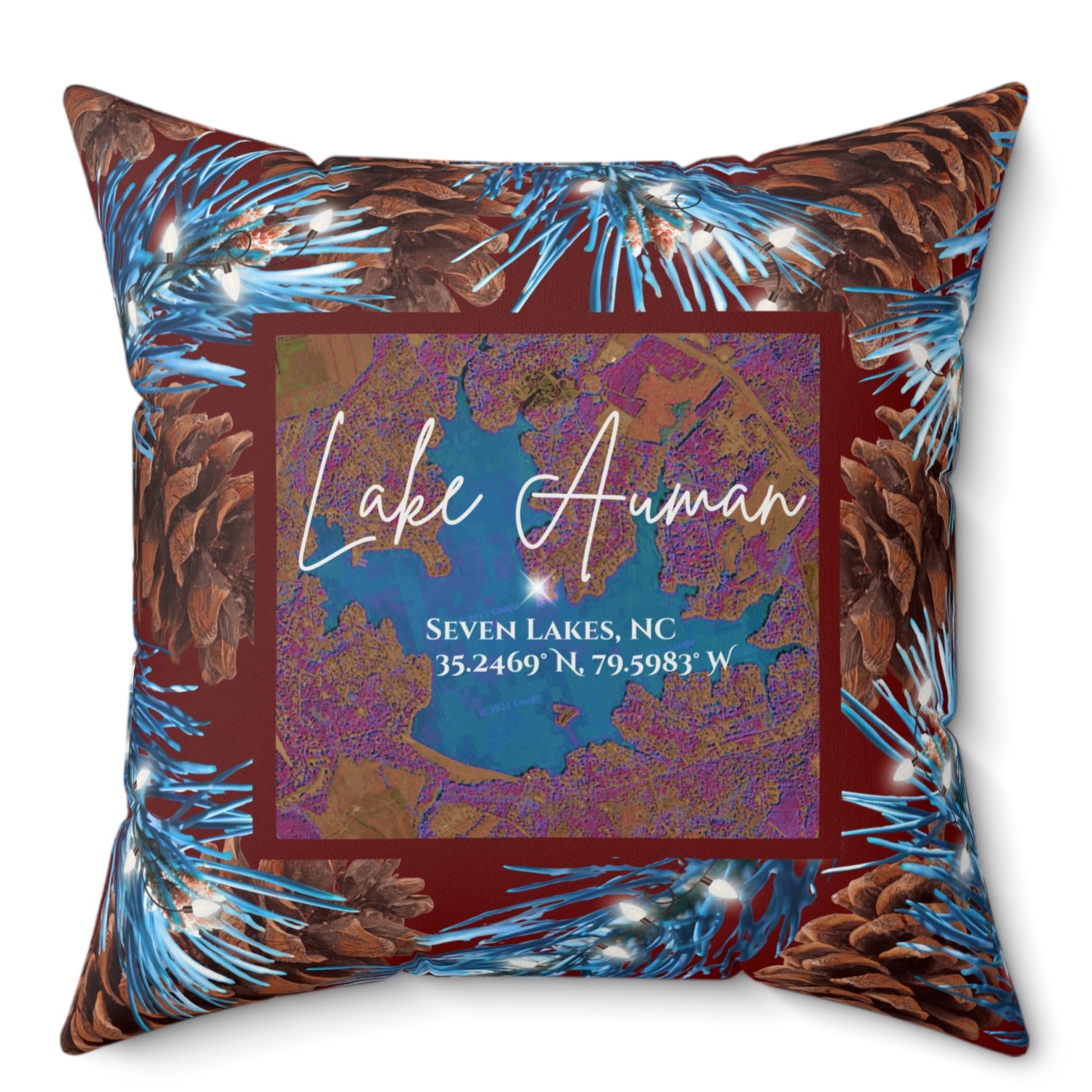 Lake Auman Christmas Pillow, with option to personalize GPS coordinates. Lake Auman Christmas Pillow, with option to personalize GPS coordinates.