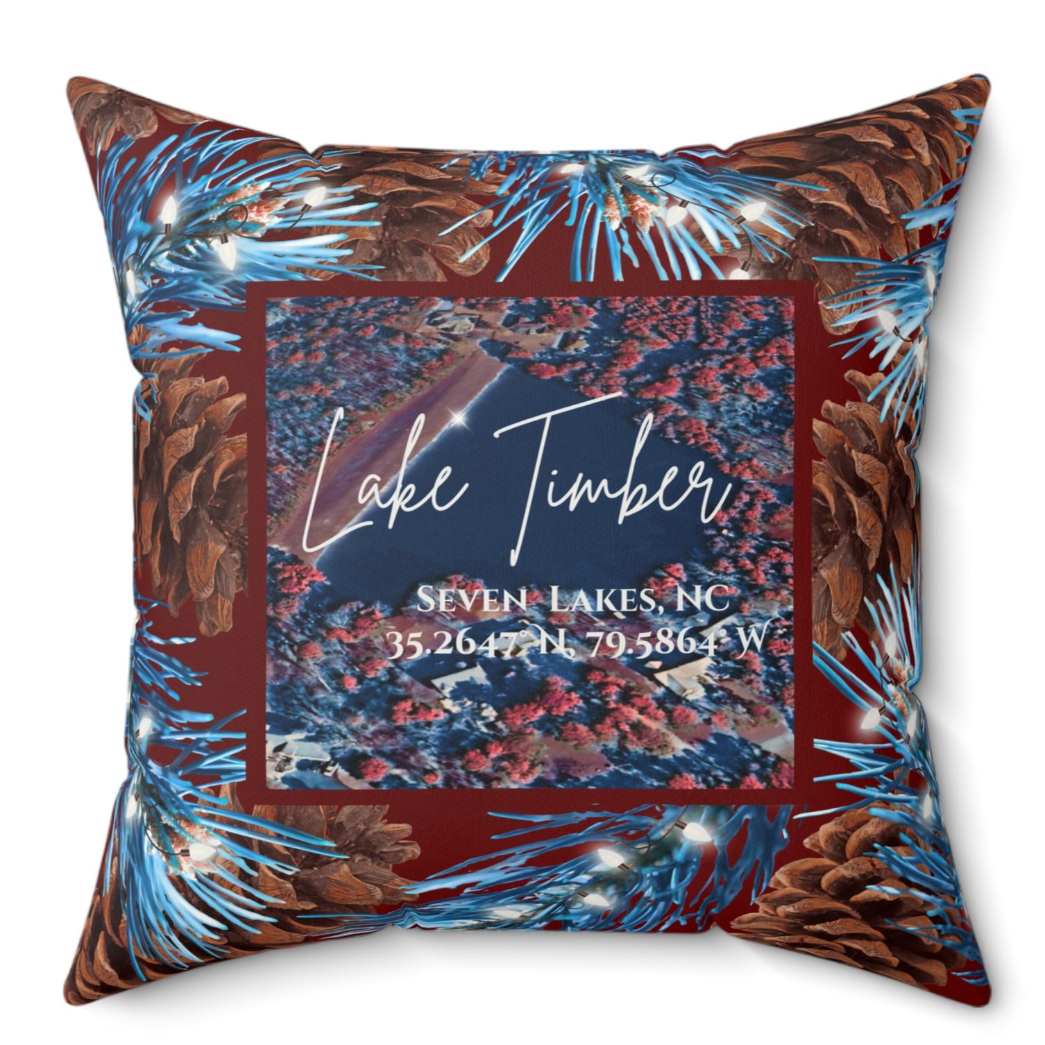 Lake Timber Christmas Pillow, with option to personalize GPS coordinates.