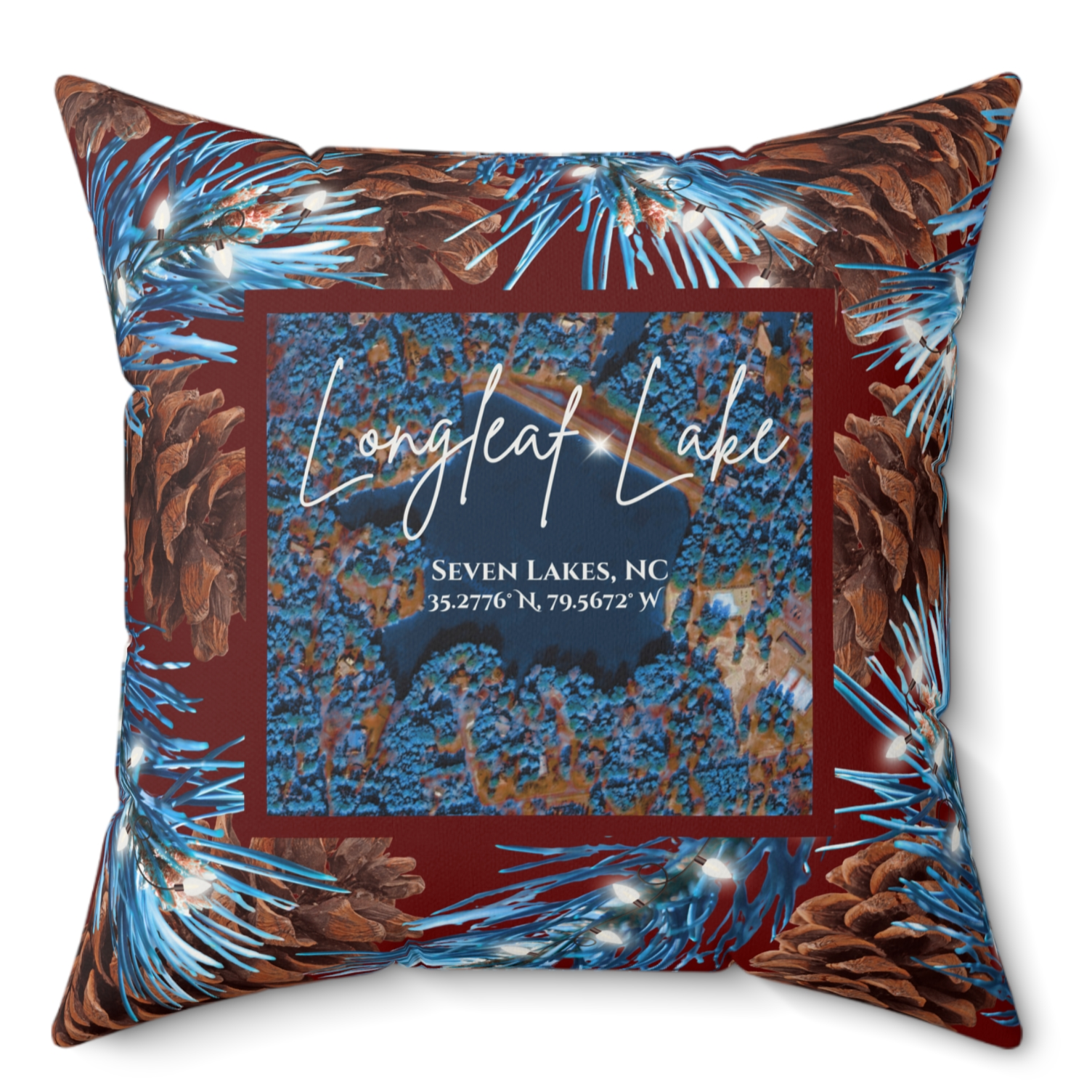 Longleaf Lake Christmas Pillow, with option to personalize GPS coordinates.